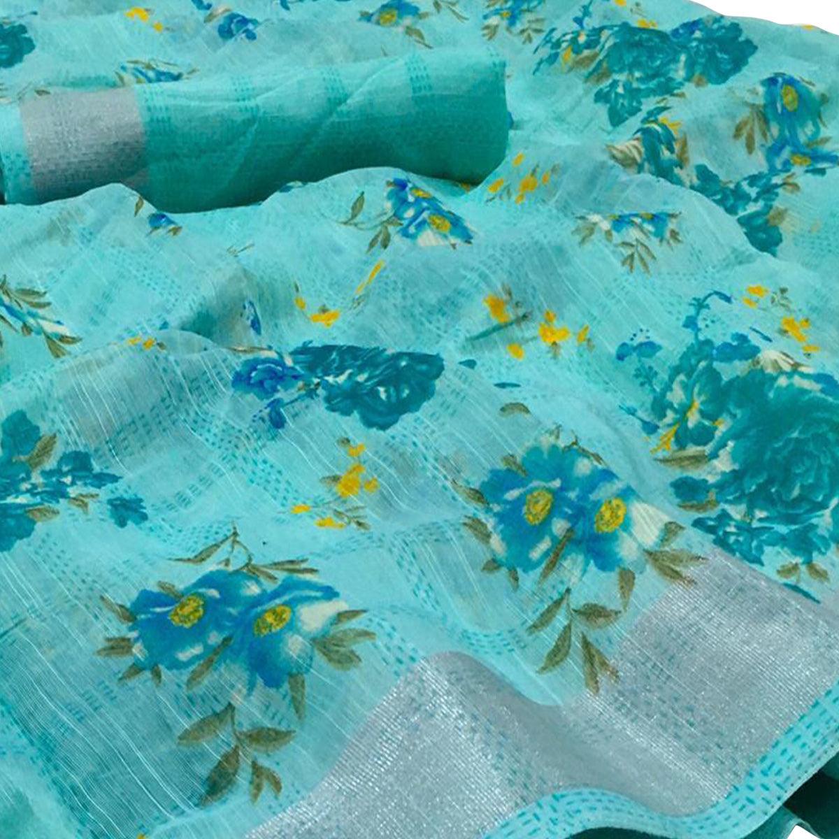 Trendy Firozi Colored Casual Wear Floral Printed Linen Saree - Peachmode