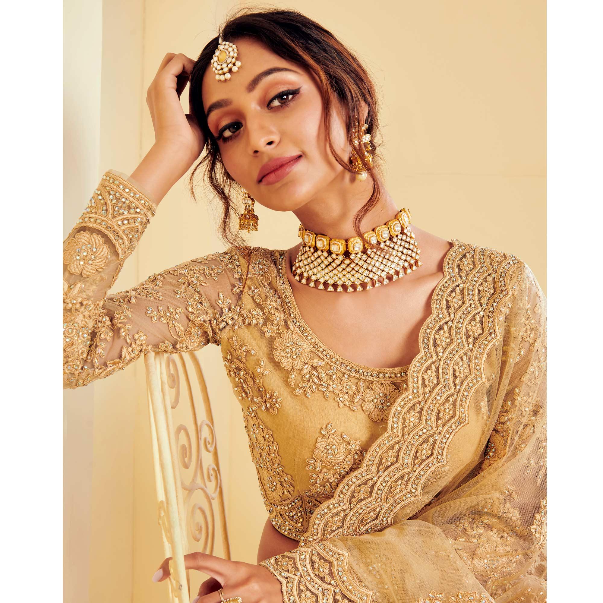 Trendy Golden Coloured Wedding Wear Cording Embroidered Net Lehenga Choli - Peachmode