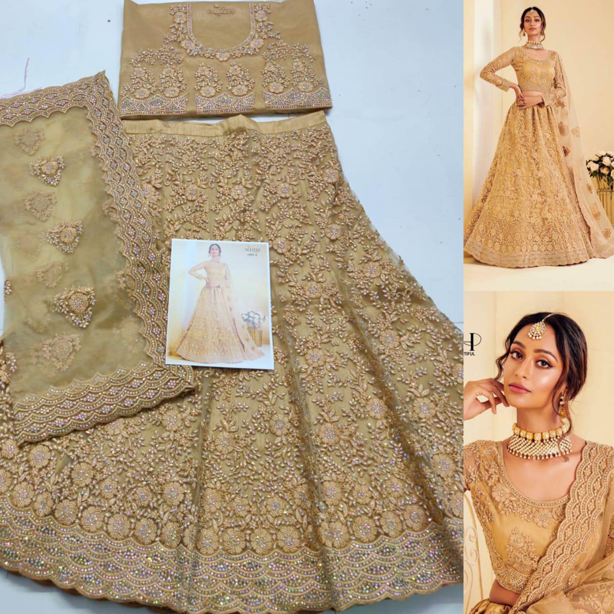 Trendy Golden Coloured Wedding Wear Cording Embroidered Net Lehenga Choli - Peachmode