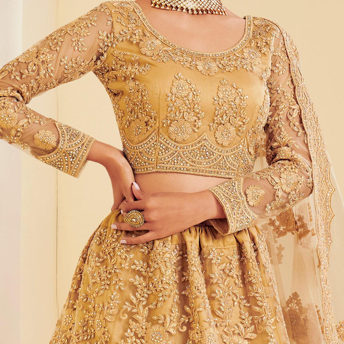 Trendy Golden Coloured Wedding Wear Cording Embroidered Net Lehenga Choli - Peachmode