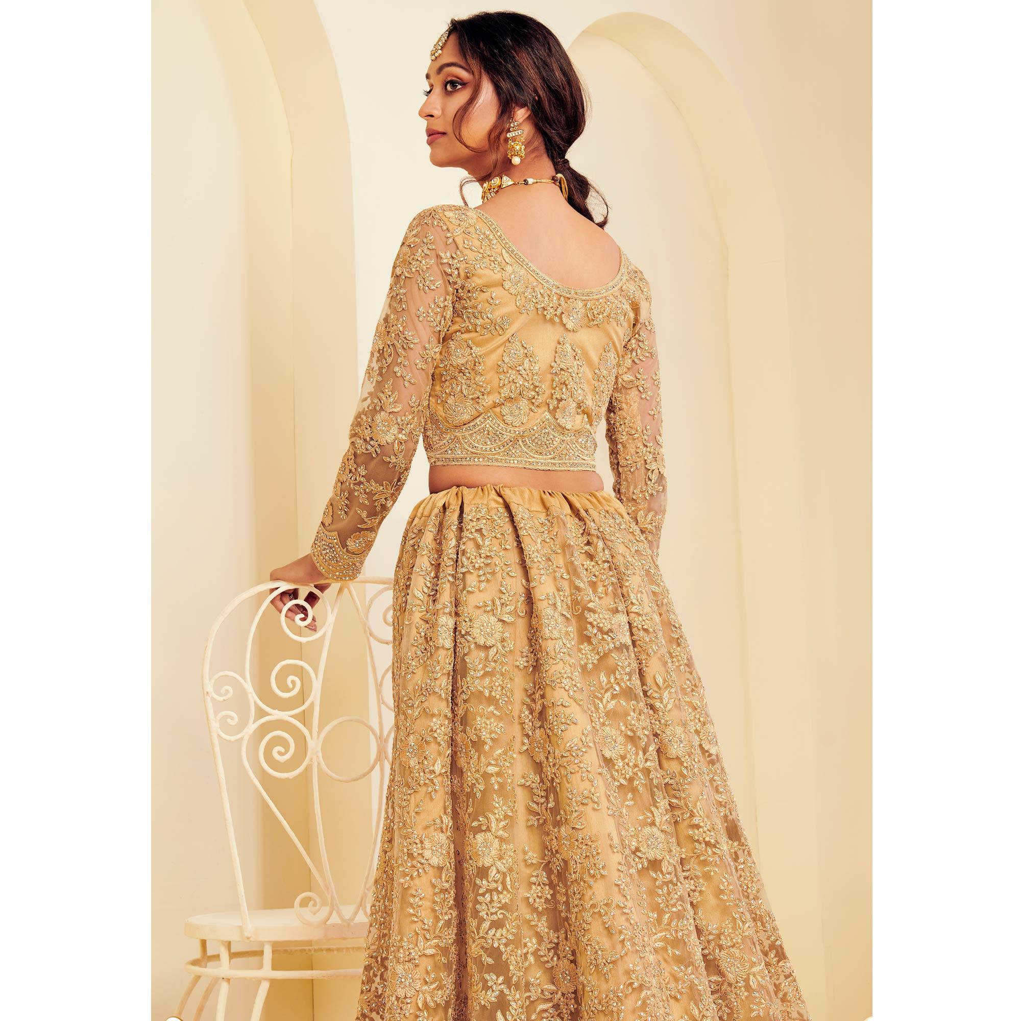 Trendy Golden Coloured Wedding Wear Cording Embroidered Net Lehenga Choli - Peachmode