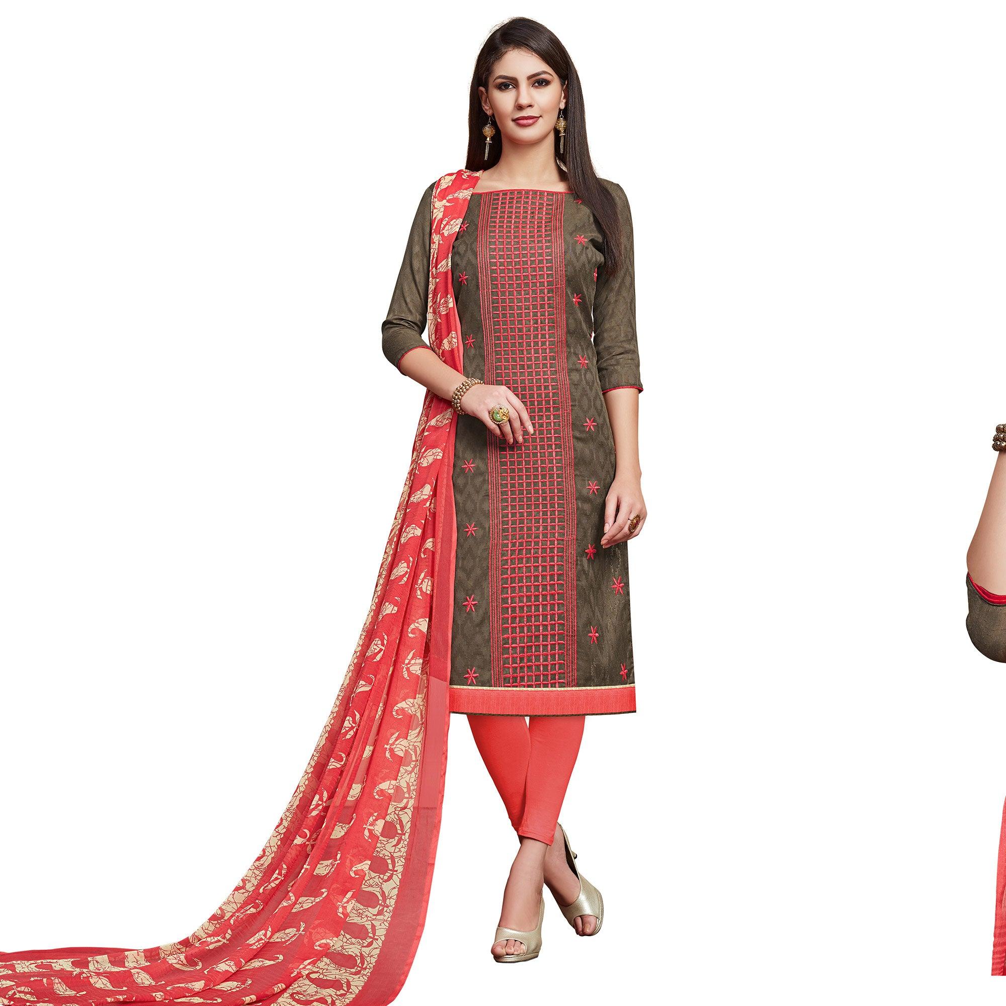 Trendy Gray Colored Casual Wear Embroidered Jacquard Dress Material - Peachmode