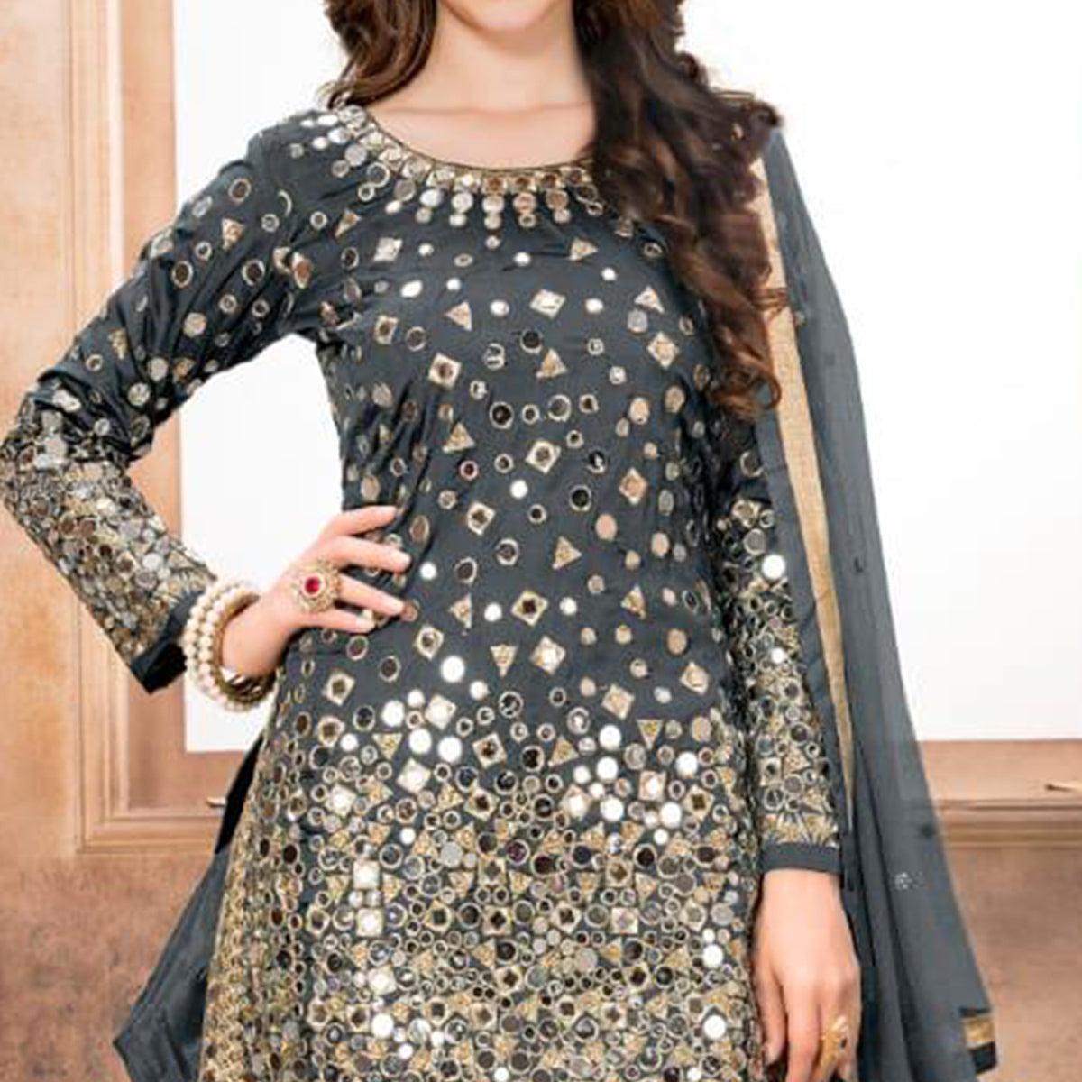 Trendy Gray Colored Partywear Embroidered Tapeta Silk Patiala Suit - Peachmode