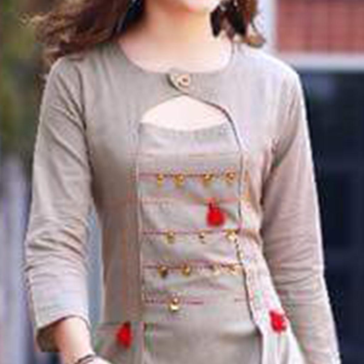 Trendy Gray Colored Partywear Rayon Long Kurti - Peachmode