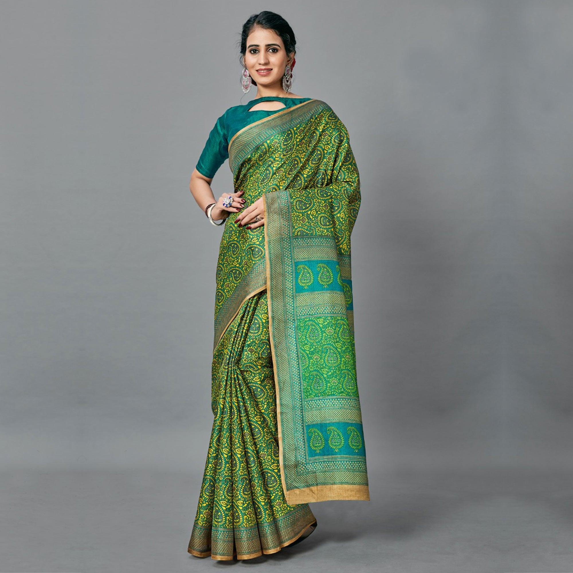 Trendy Green Colored Casual Wear Printed Art Silk Saree - Peachmode