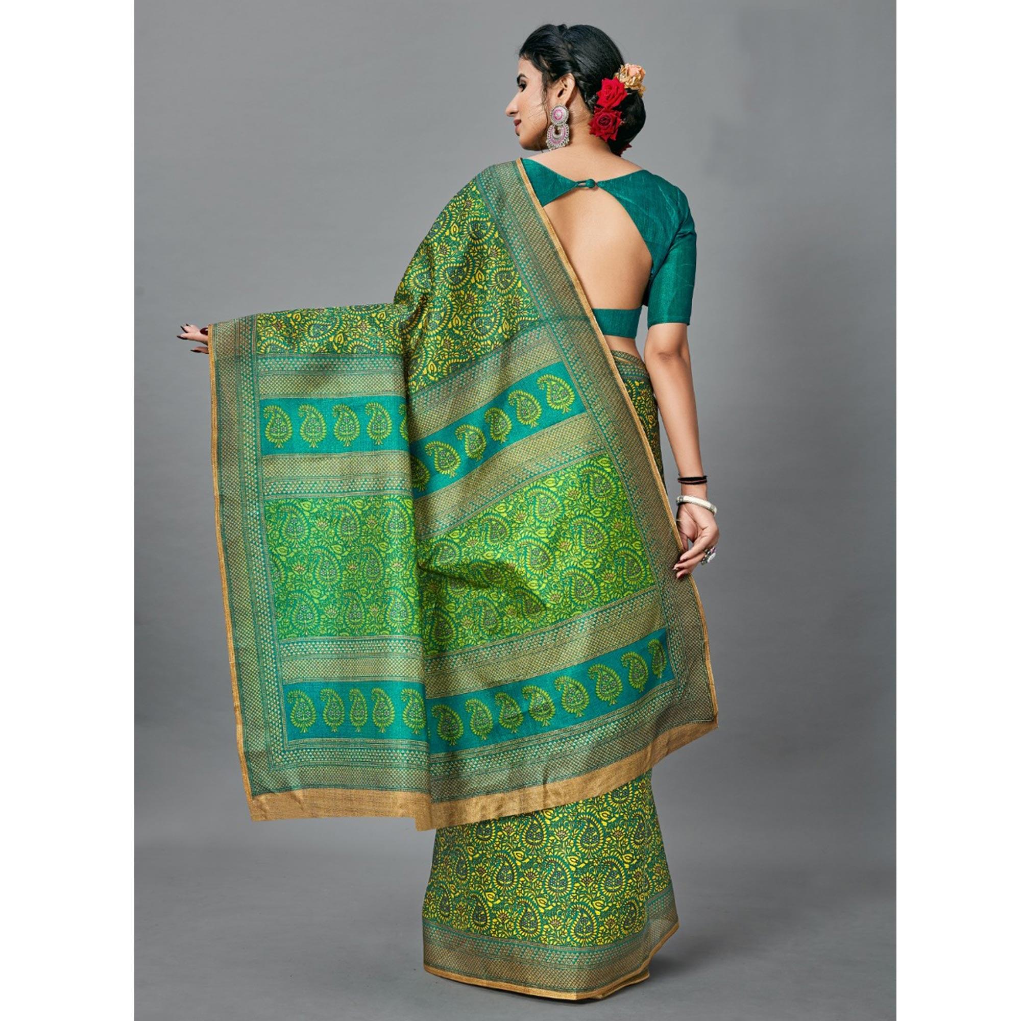 Trendy Green Colored Casual Wear Printed Art Silk Saree - Peachmode