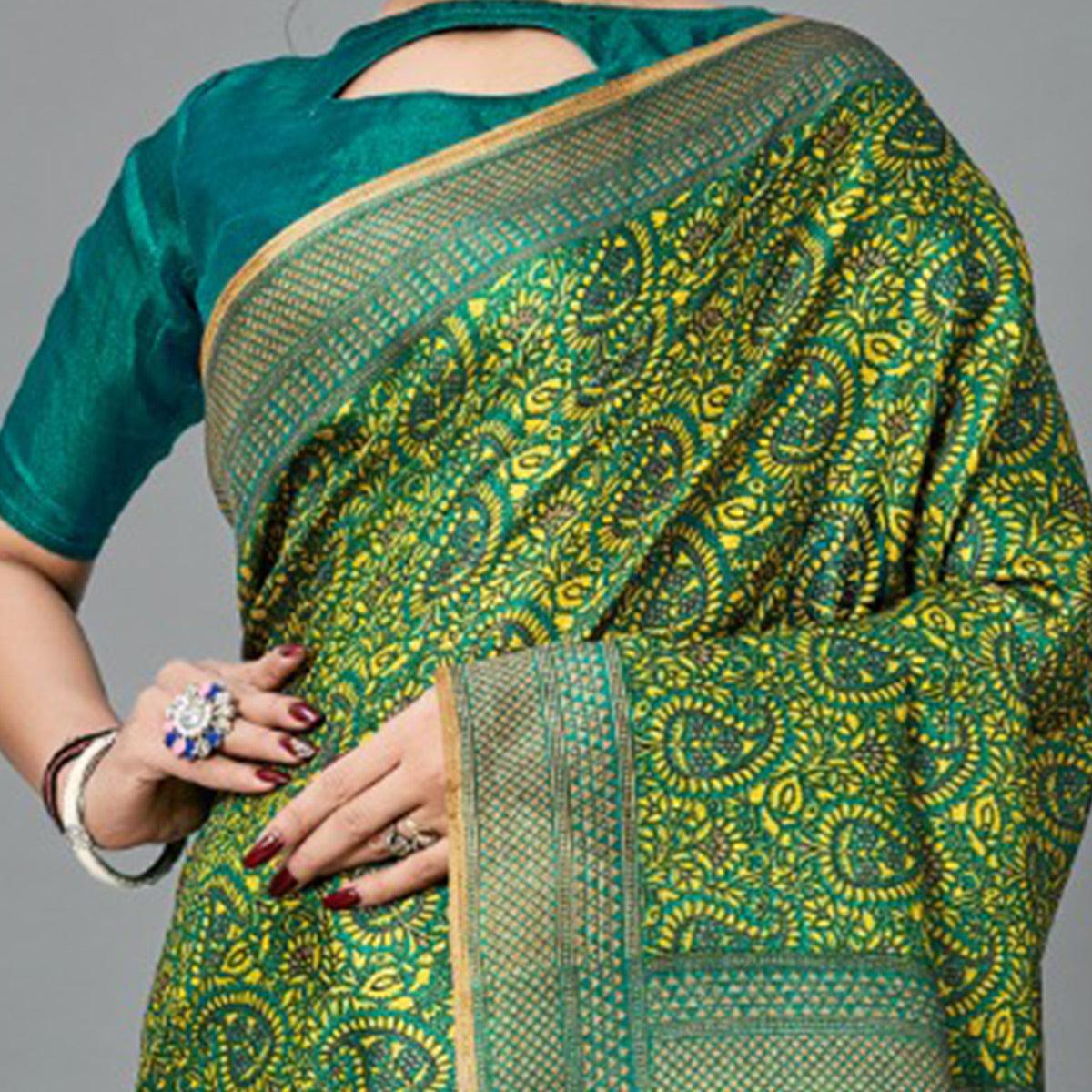 Trendy Green Colored Casual Wear Printed Art Silk Saree - Peachmode