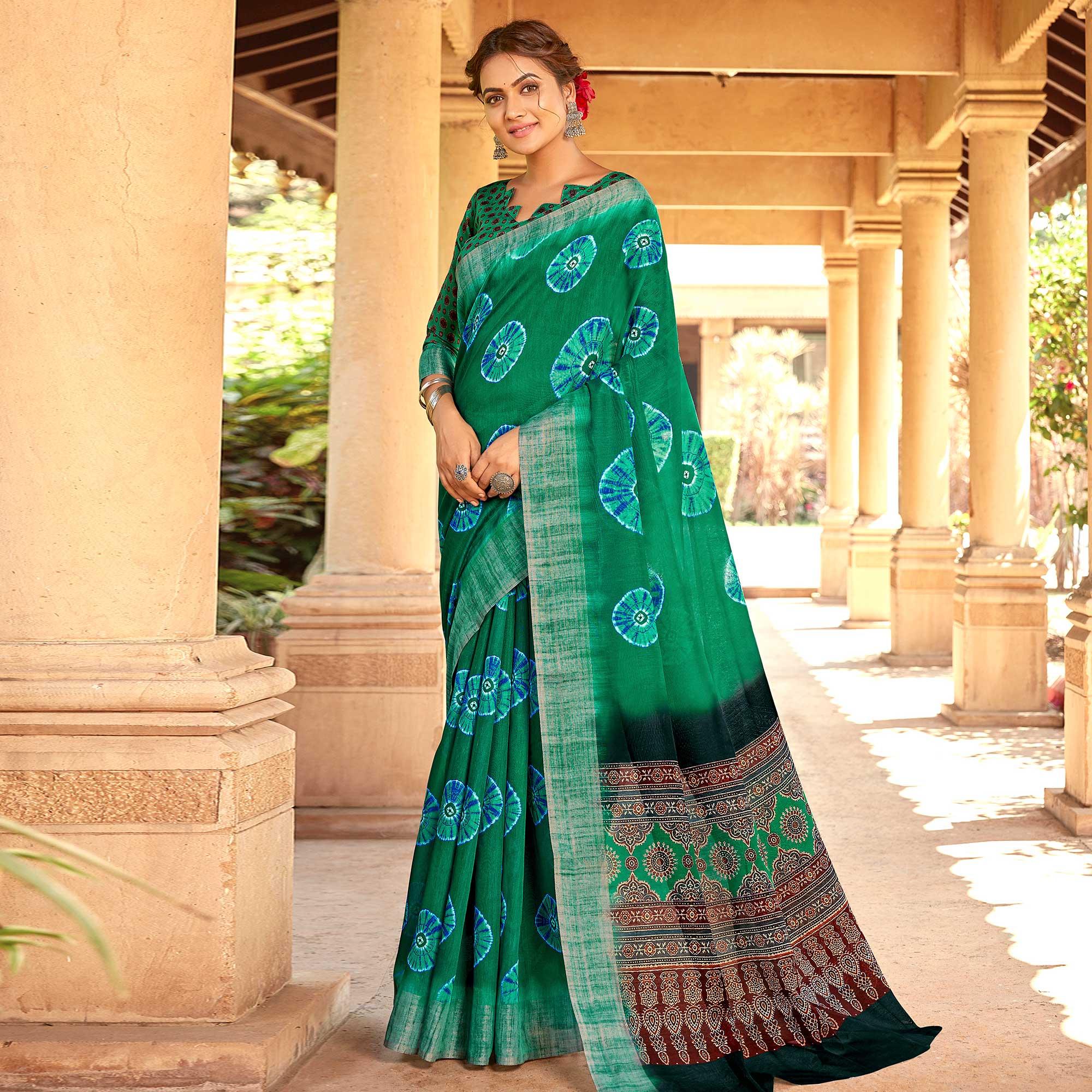 Trendy Green Colored Digital Printed Festive Wear Linen Designer Saree - Peachmode