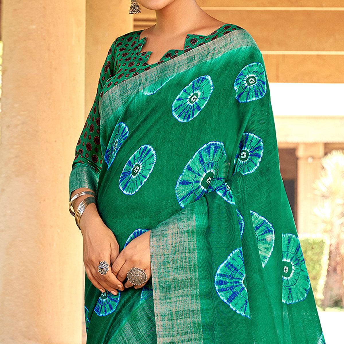Trendy Green Colored Digital Printed Festive Wear Linen Designer Saree - Peachmode