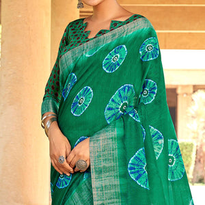 Trendy Green Colored Digital Printed Festive Wear Linen Designer Saree - Peachmode