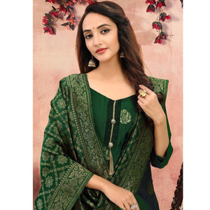 Trendy Green Colored Festive Wear Woven Banarasi Silk Dress Material - Peachmode