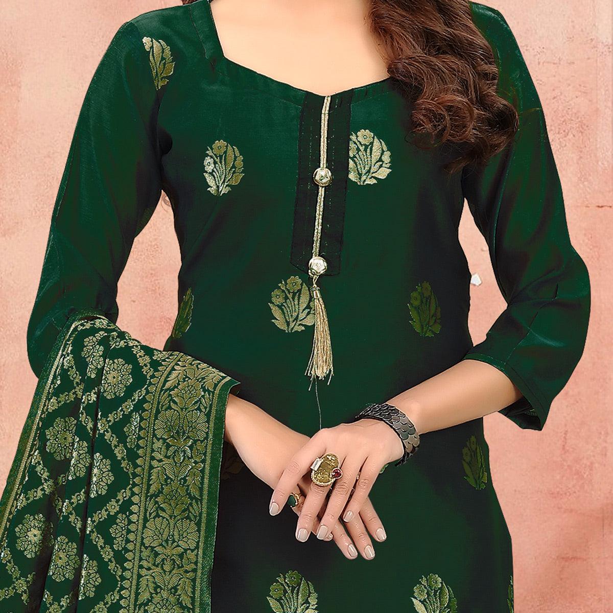 Trendy Green Colored Festive Wear Woven Banarasi Silk Dress Material - Peachmode