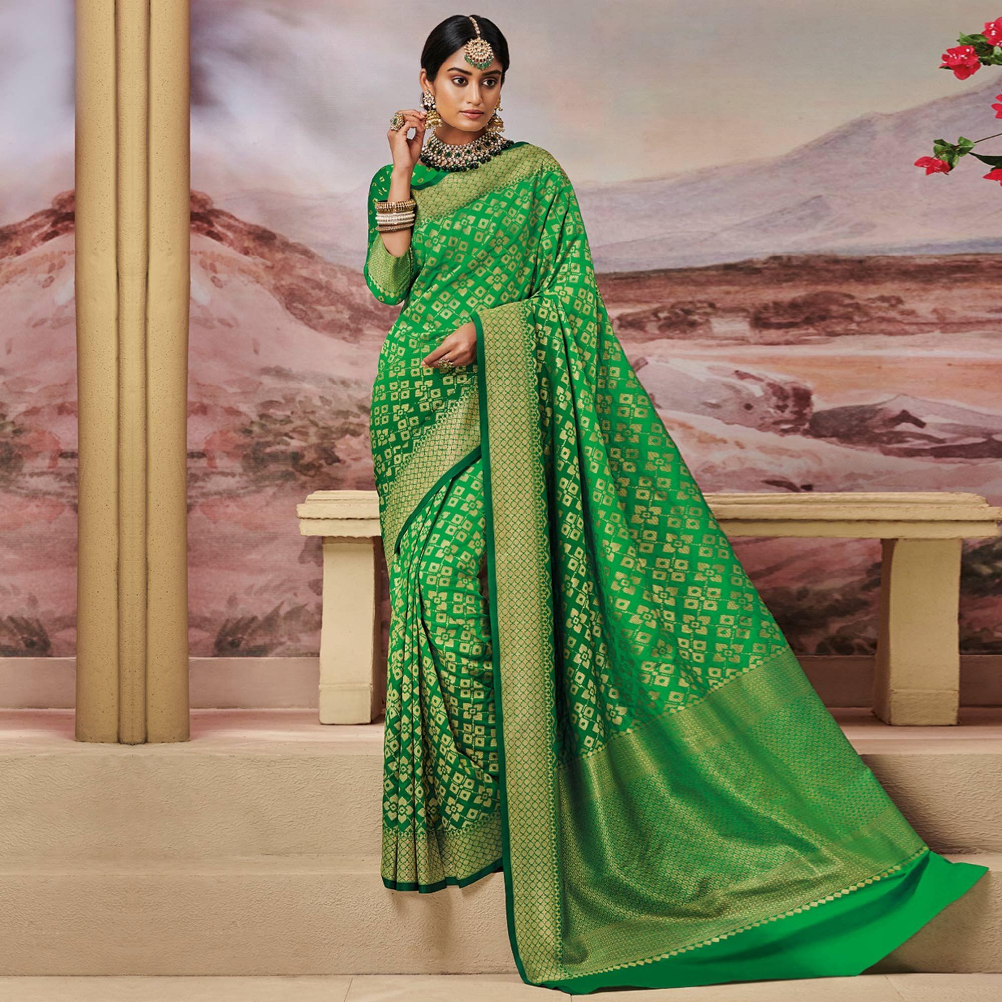 Trendy Green Colored Festive Wear Woven Silk Saree - Peachmode