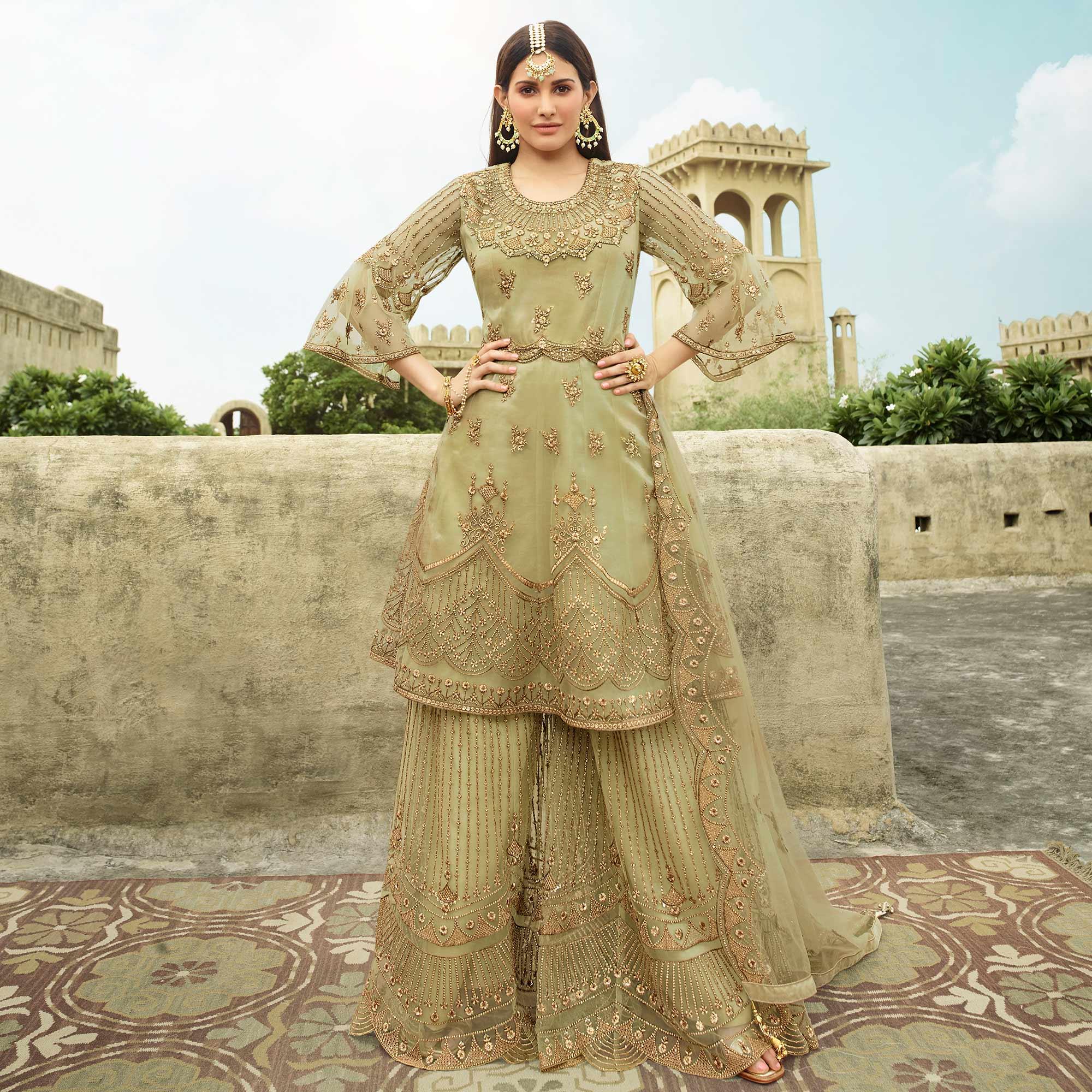 Trendy Green Coloured Partywear Embroidered Net Palazzo Suit - Peachmode