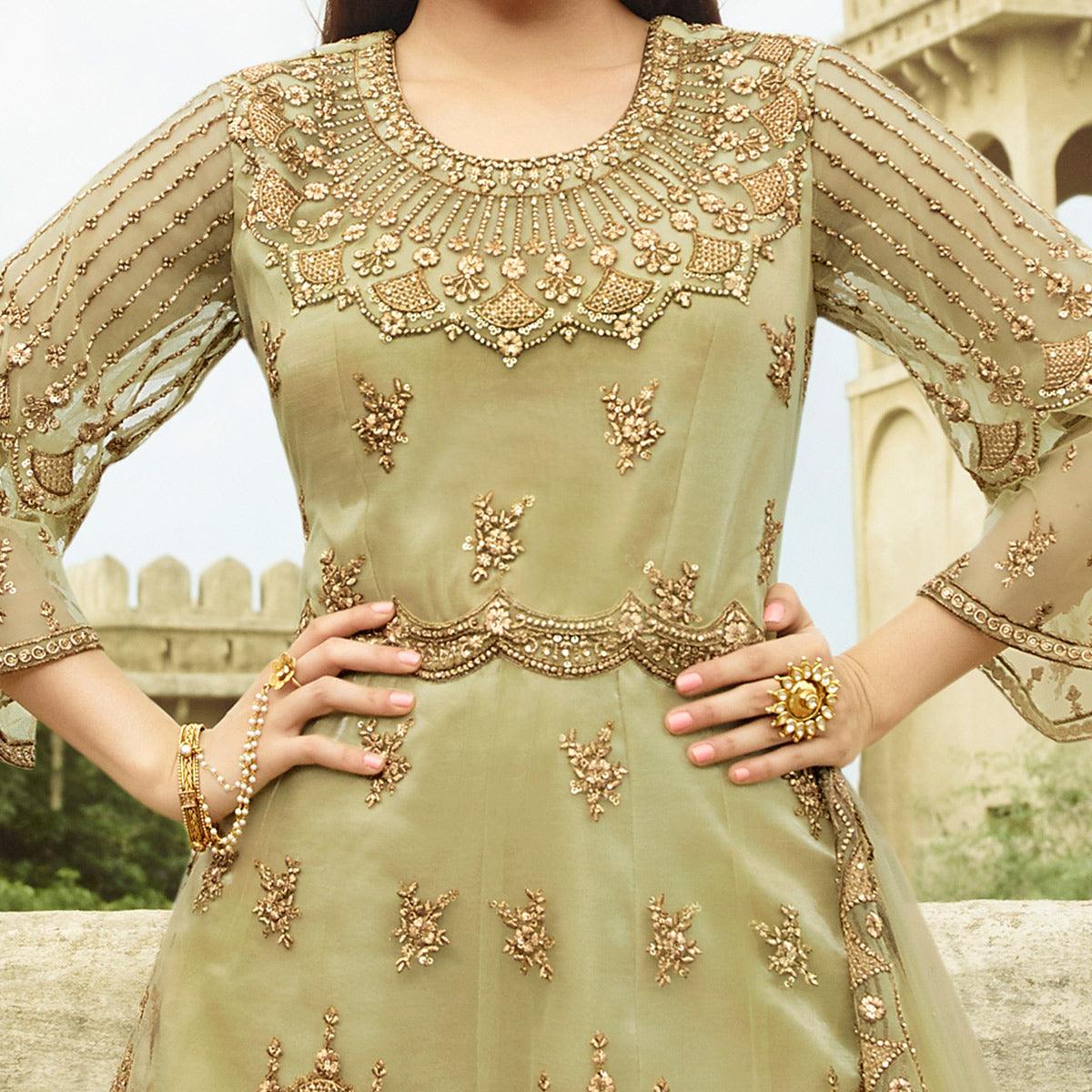 Trendy Green Coloured Partywear Embroidered Net Palazzo Suit - Peachmode