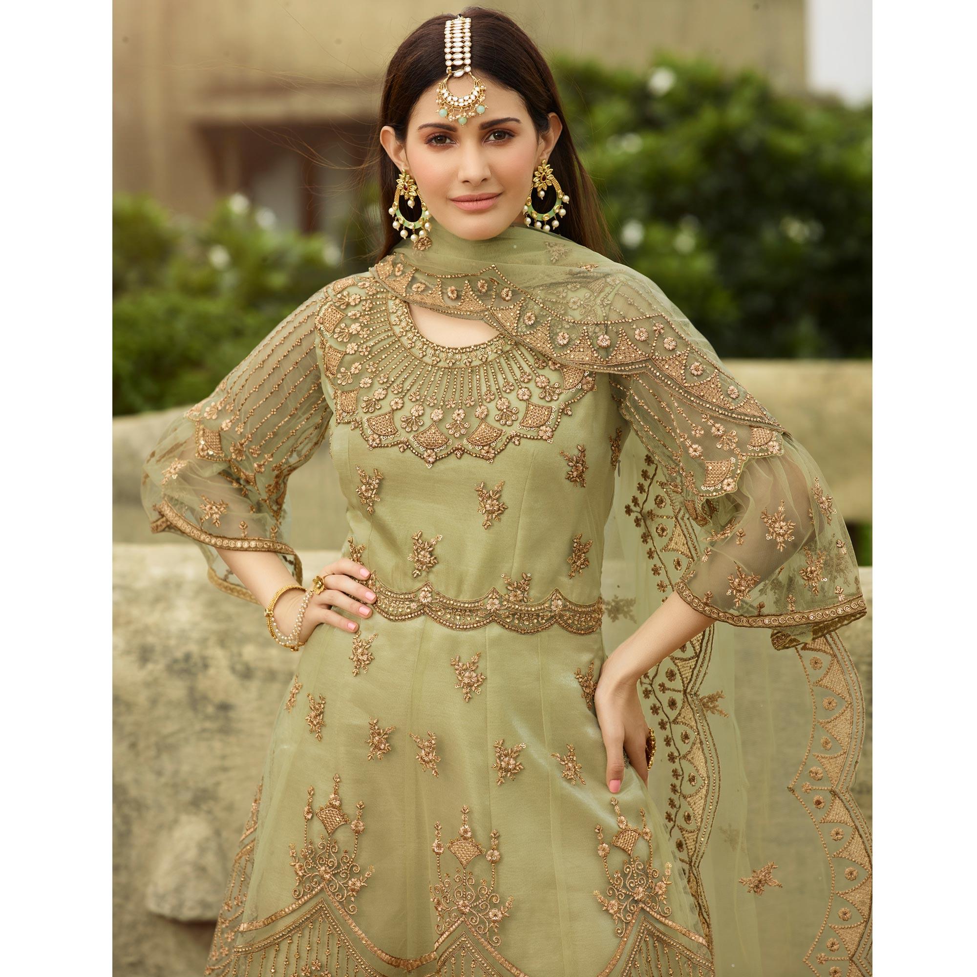 Trendy Green Coloured Partywear Embroidered Net Palazzo Suit - Peachmode
