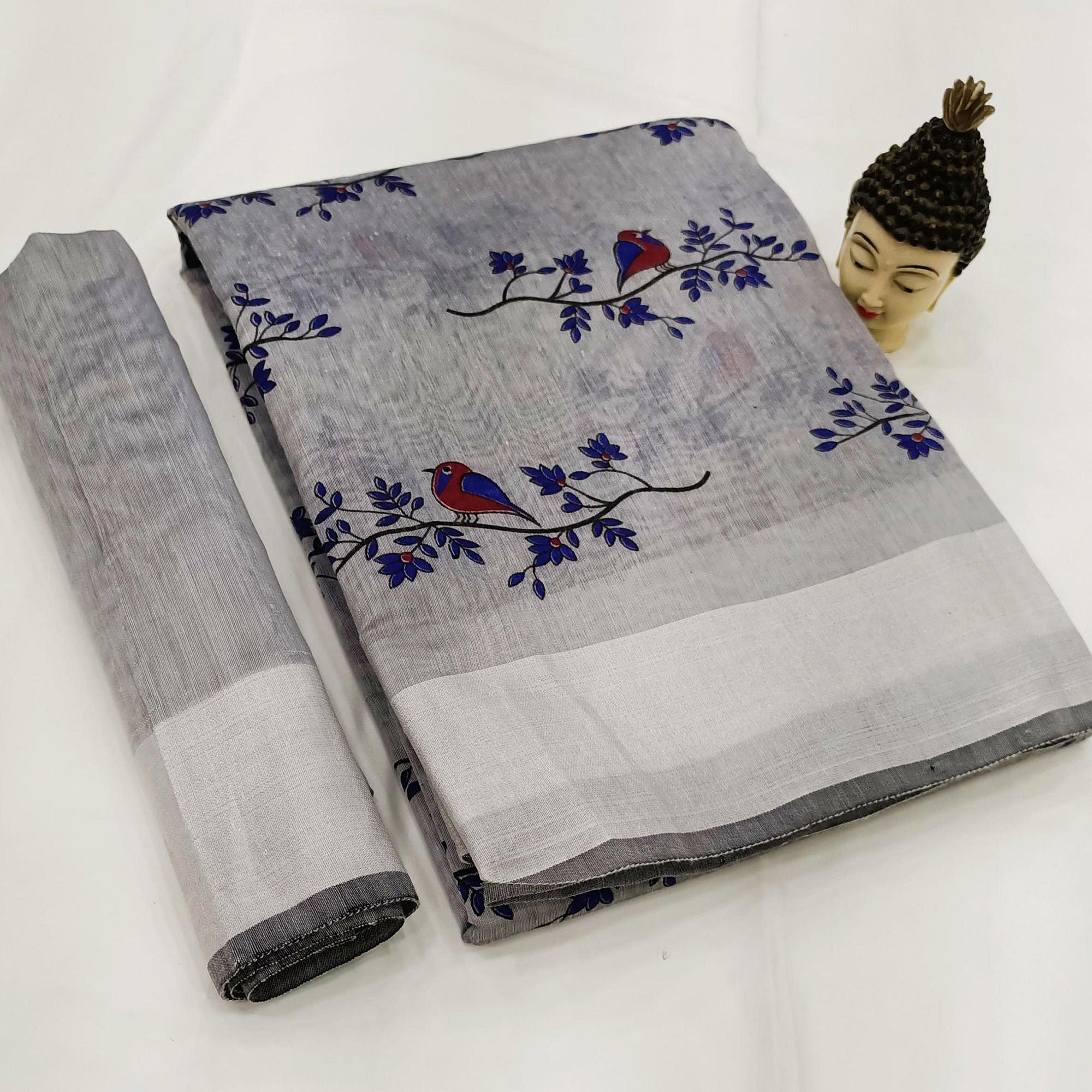 Trendy Grey Colored Casual Wear Block Printed Cotton Linen Saree - Peachmode