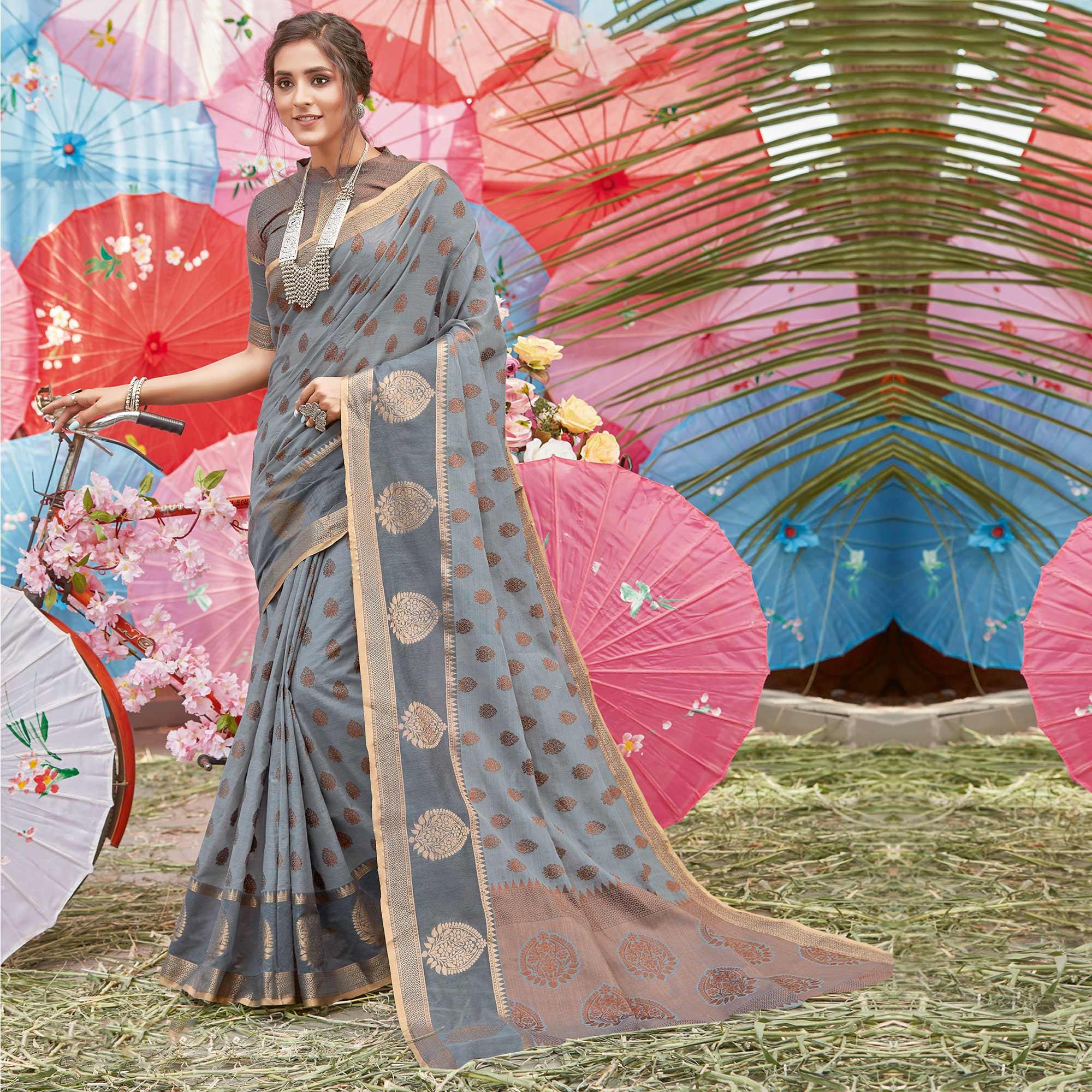 Trendy Grey Coloured Festive Wear Woven Cotton Handloom Saree - Peachmode