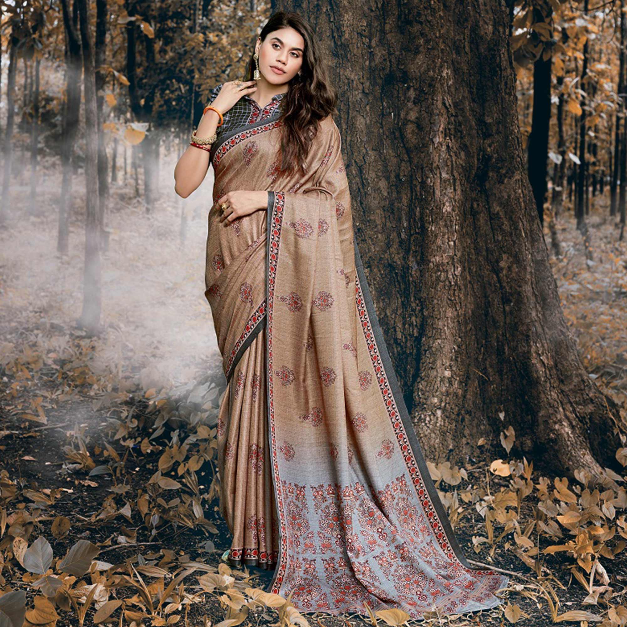 Trendy Light Brown Colored Festive Wear Printed Art Silk Saree - Peachmode