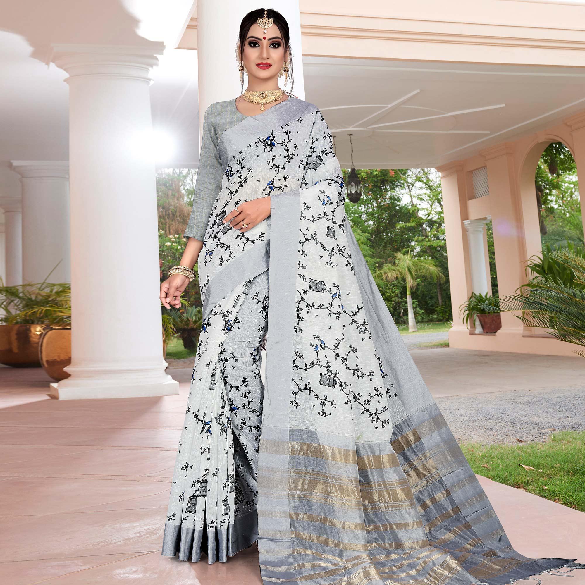 Trendy Light Grey Colored Casual Printed-Woven Linen Saree With Tassels - Peachmode