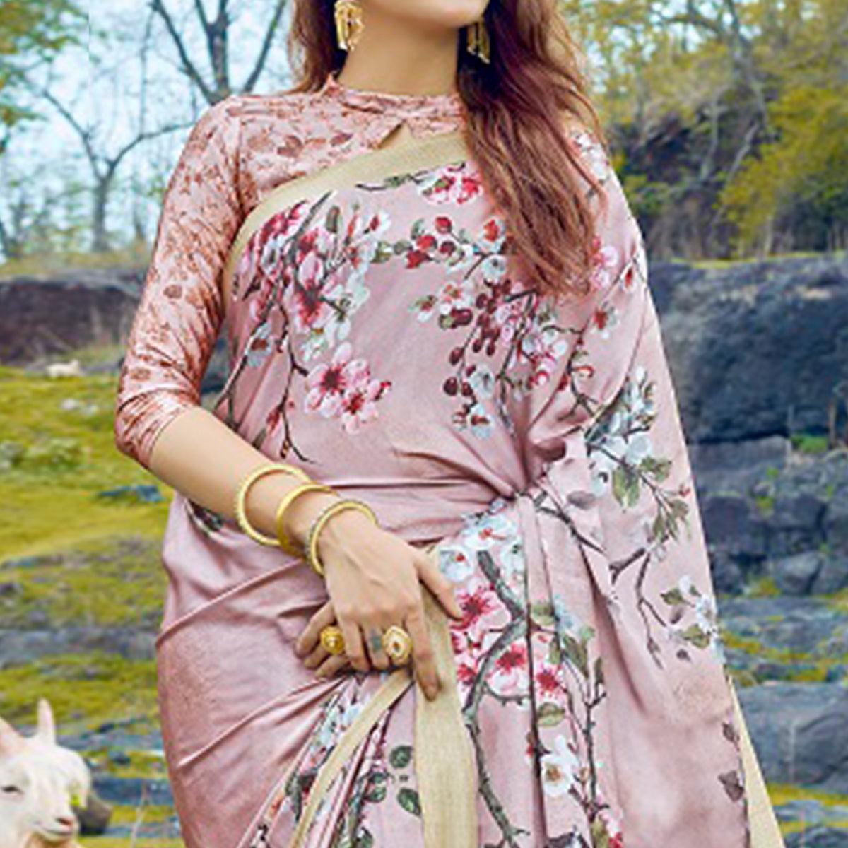 Trendy Light Mauve Colored Casual Digital Printed Satin Crepe Saree - Peachmode