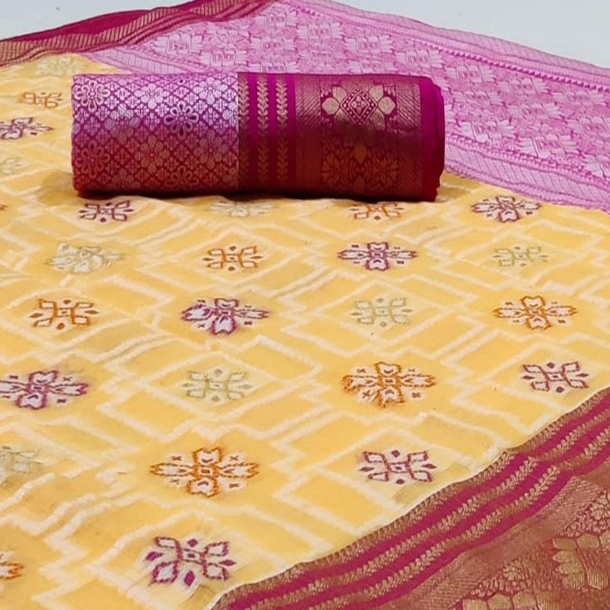 Trendy Light Yellow Colored Festive Wear Woven Kota Silk Saree - Peachmode