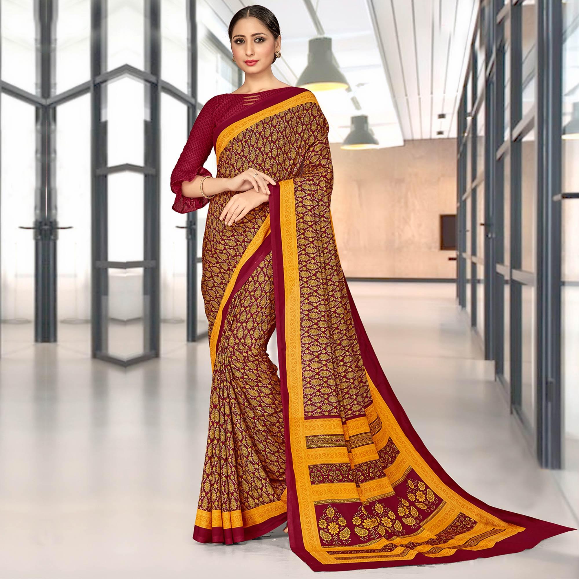Trendy Maroon & Mustard Coloured Casual Wear Printed Crepe Saree - Peachmode