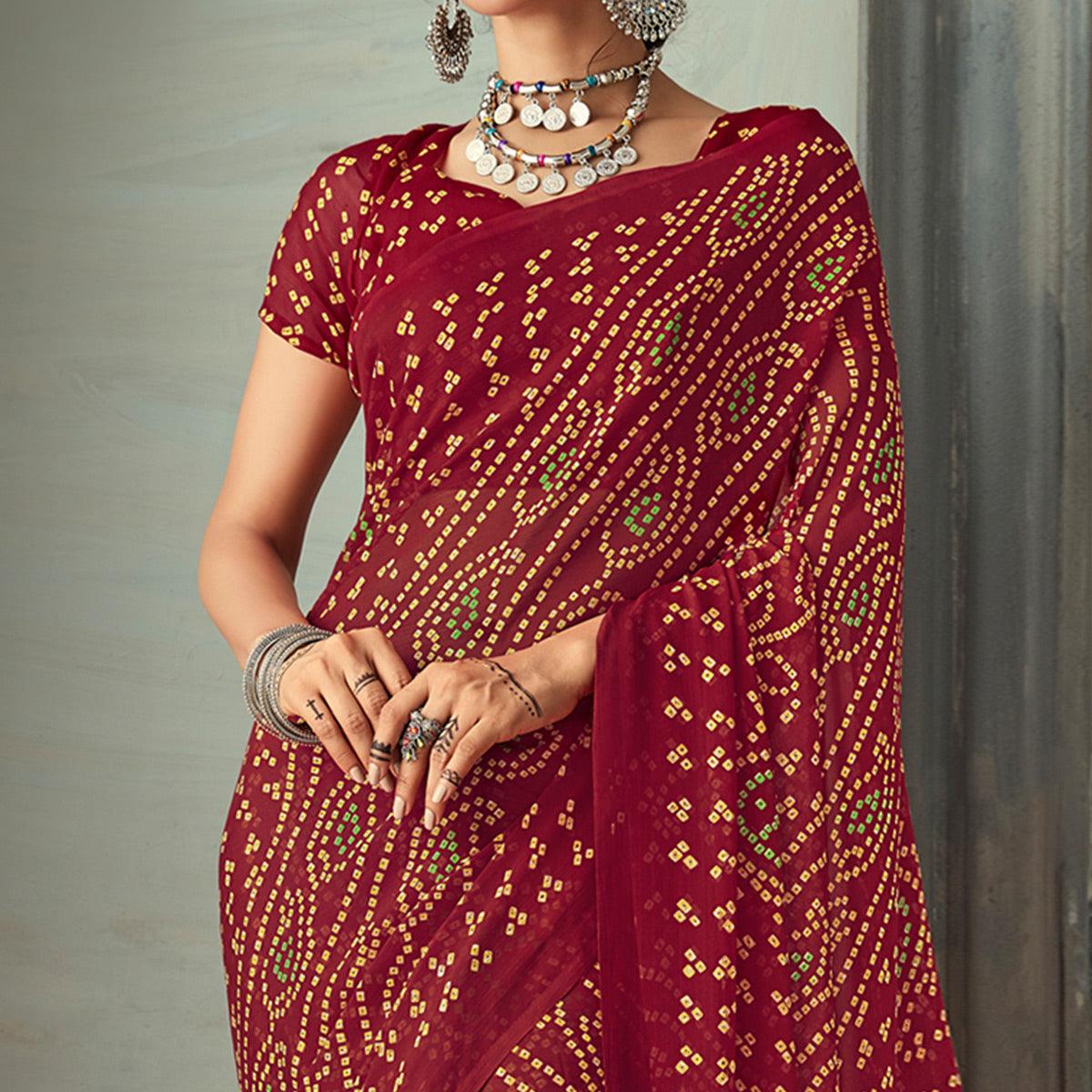 Trendy Maroon Colored Casual Wear Bandhani Printed Chiffon Saree - Peachmode