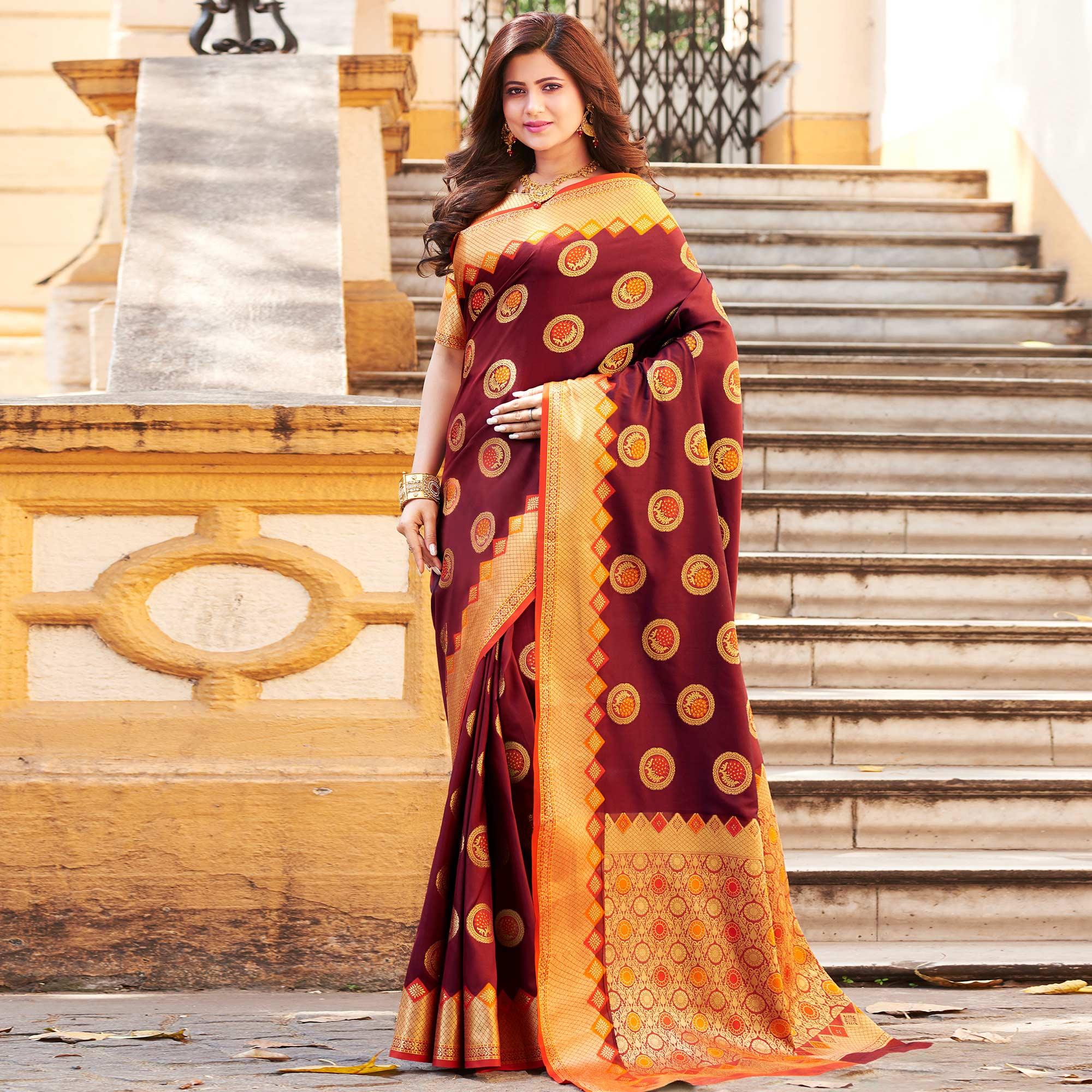 Trendy Maroon Colored Festive Wear Woven Heavy Banarasi Silk Saree - Peachmode