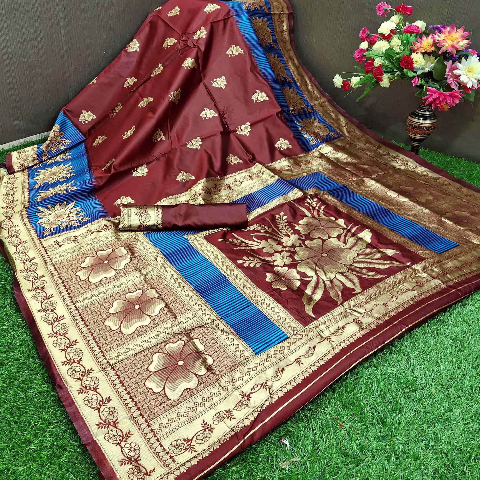 Trendy Maroon Colored Festive Wear Woven Silk Saree - Peachmode
