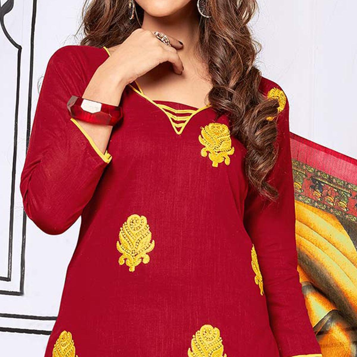 Trendy Maroon Colored Partywear Embroidered Cotton Suit - Peachmode