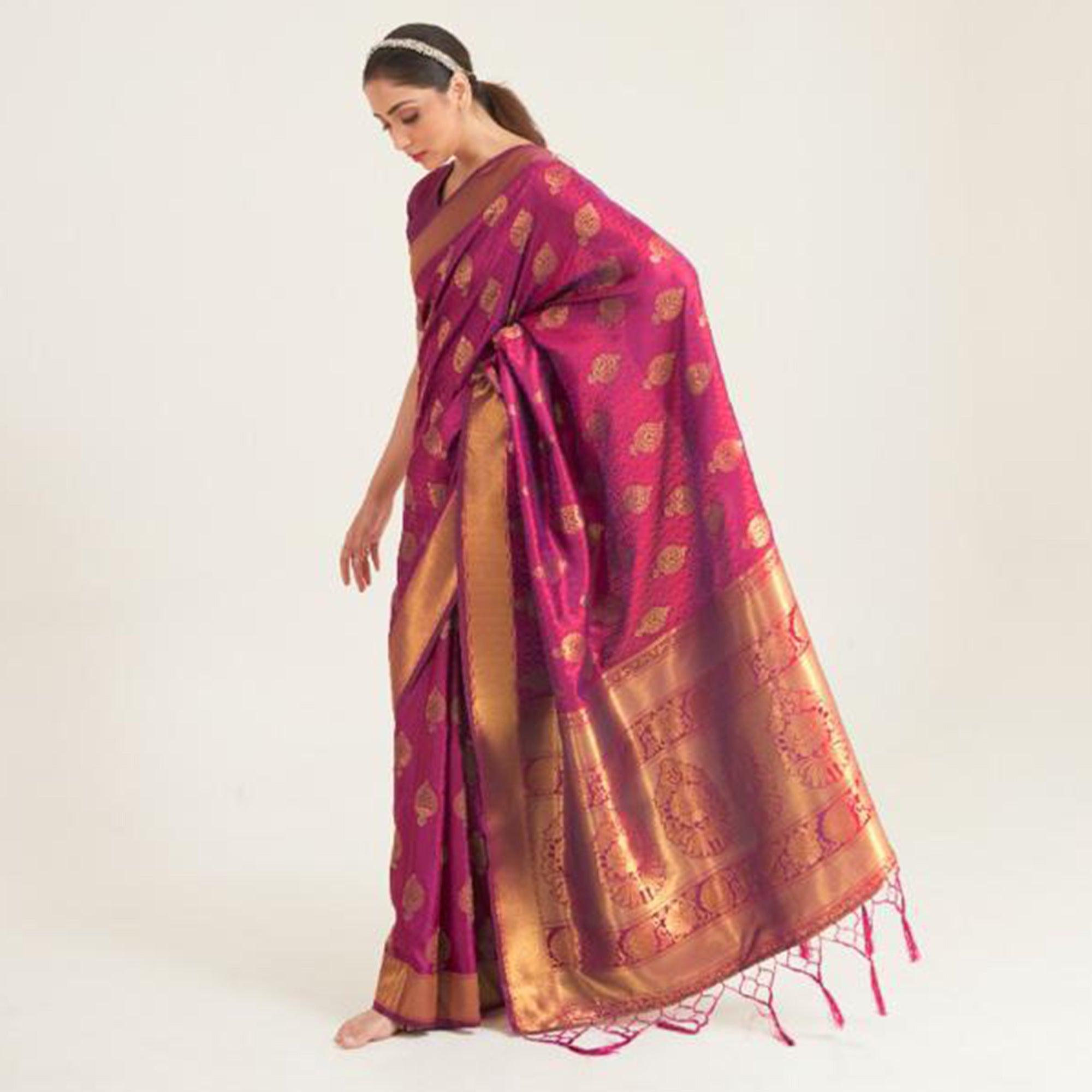 Trendy Maroon Coloured Festive Wear Handloom Woven Silk Saree - Peachmode