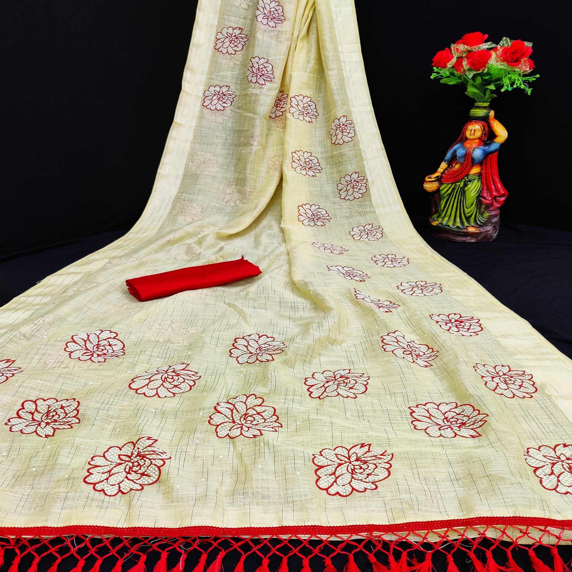 Trendy Mustard Coloured Striped Pattern Printed Casual Wear Cotton Saree - Peachmode
