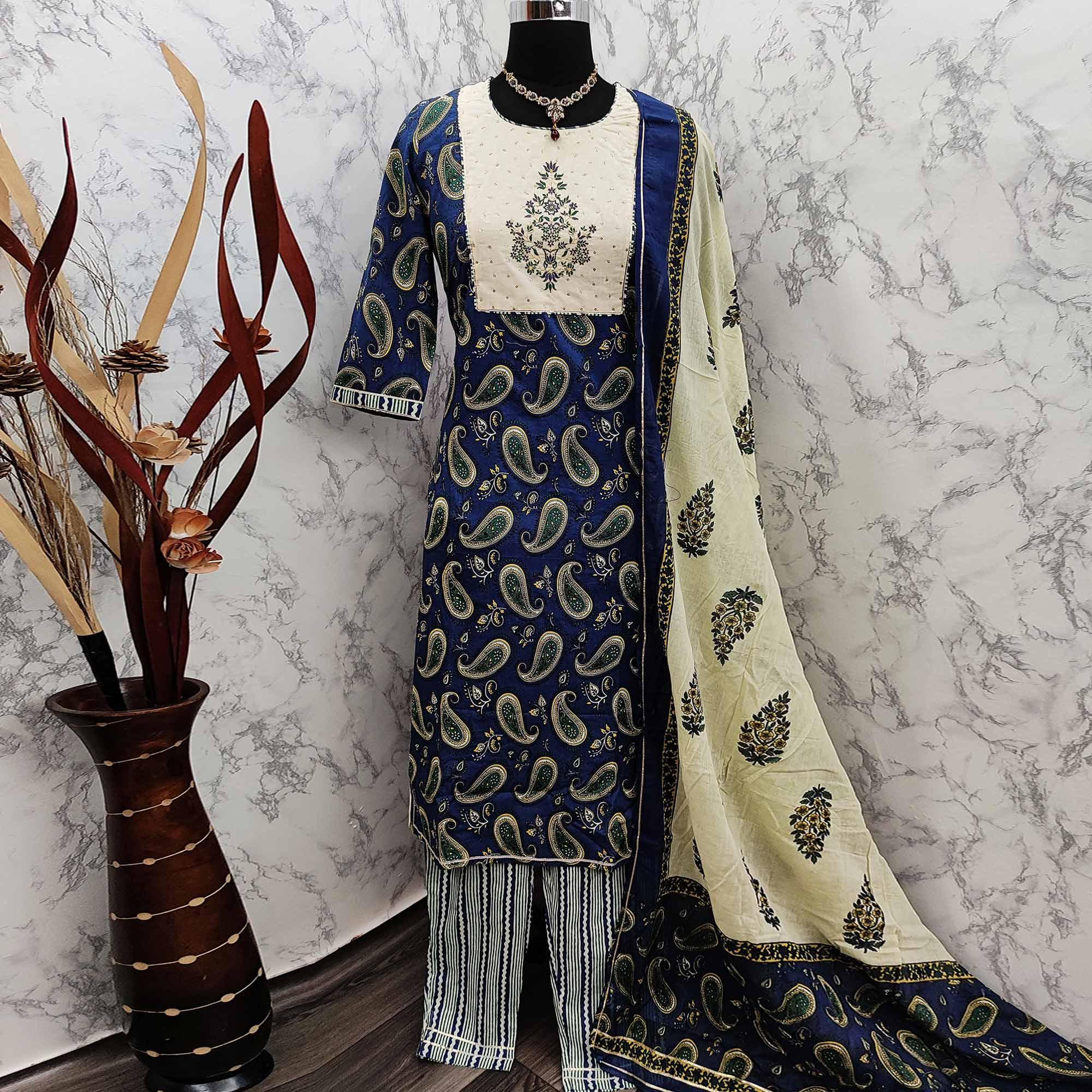 Trendy Navy Blue Colored Casual Wear Embroidered Cotton Kurti - Palazzo Set With Dupatta - Peachmode