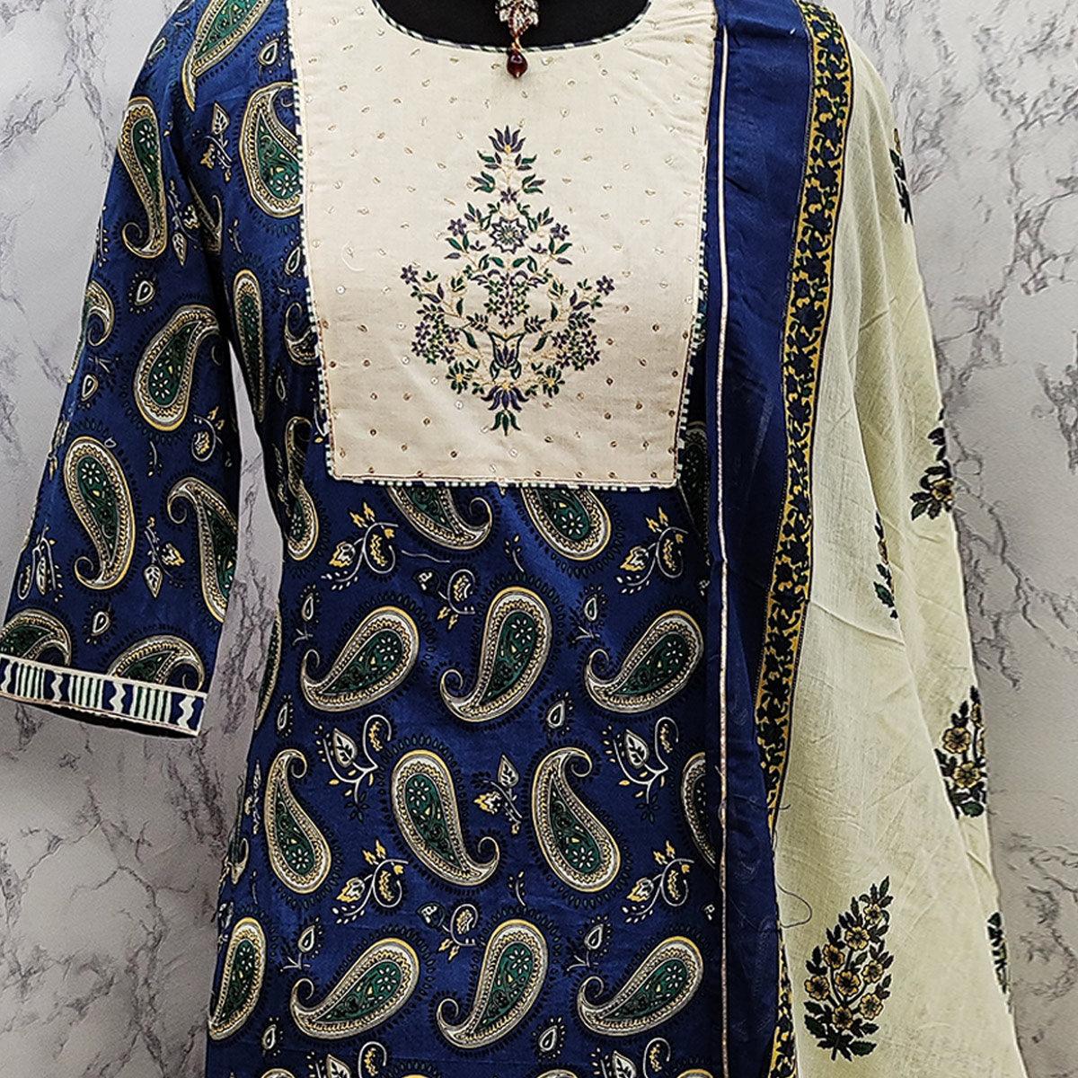 Trendy Navy Blue Colored Casual Wear Embroidered Cotton Kurti - Palazzo Set With Dupatta - Peachmode