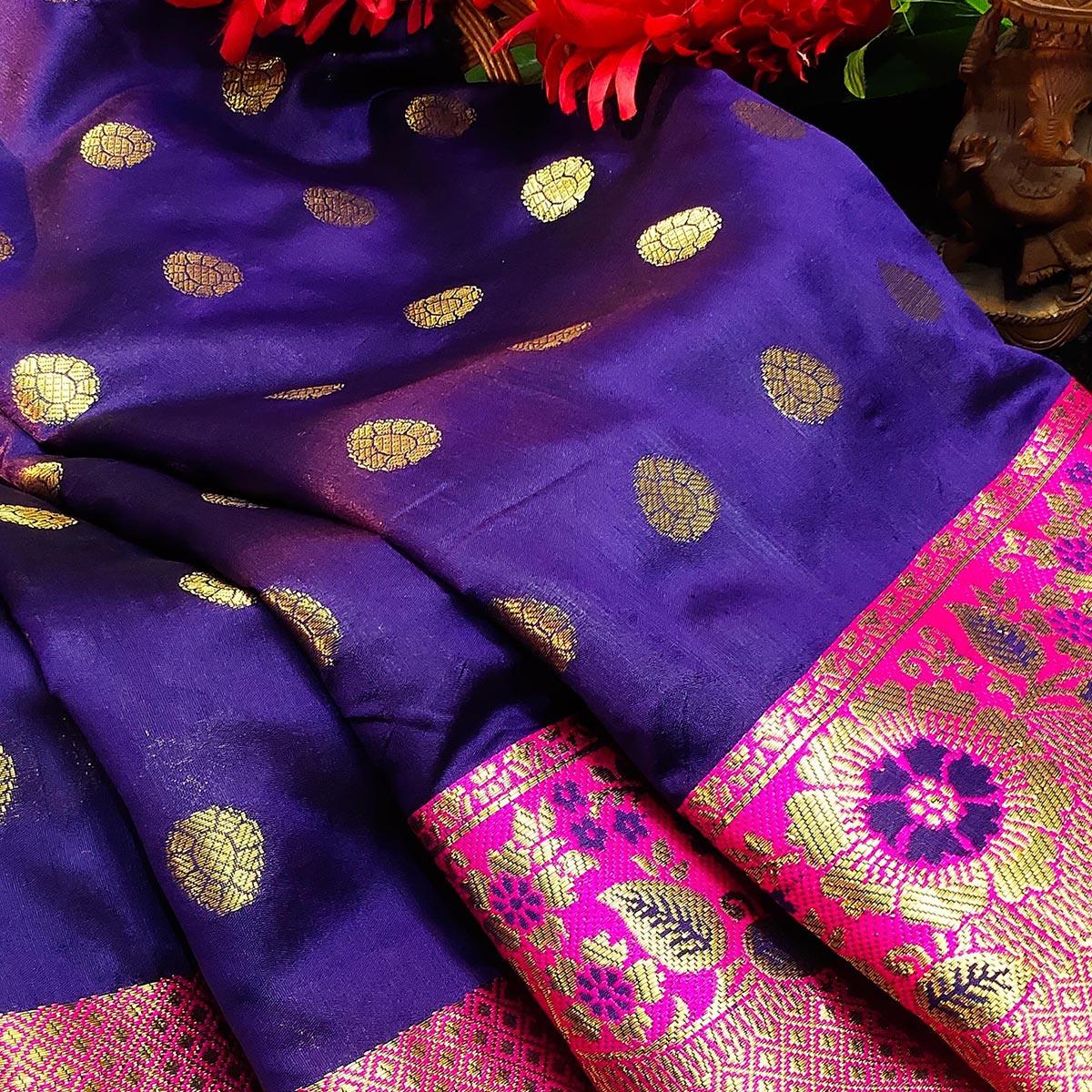 Trendy Navy Blue Colored Festive Wear Woven Kanjivaram Silk Saree - Peachmode