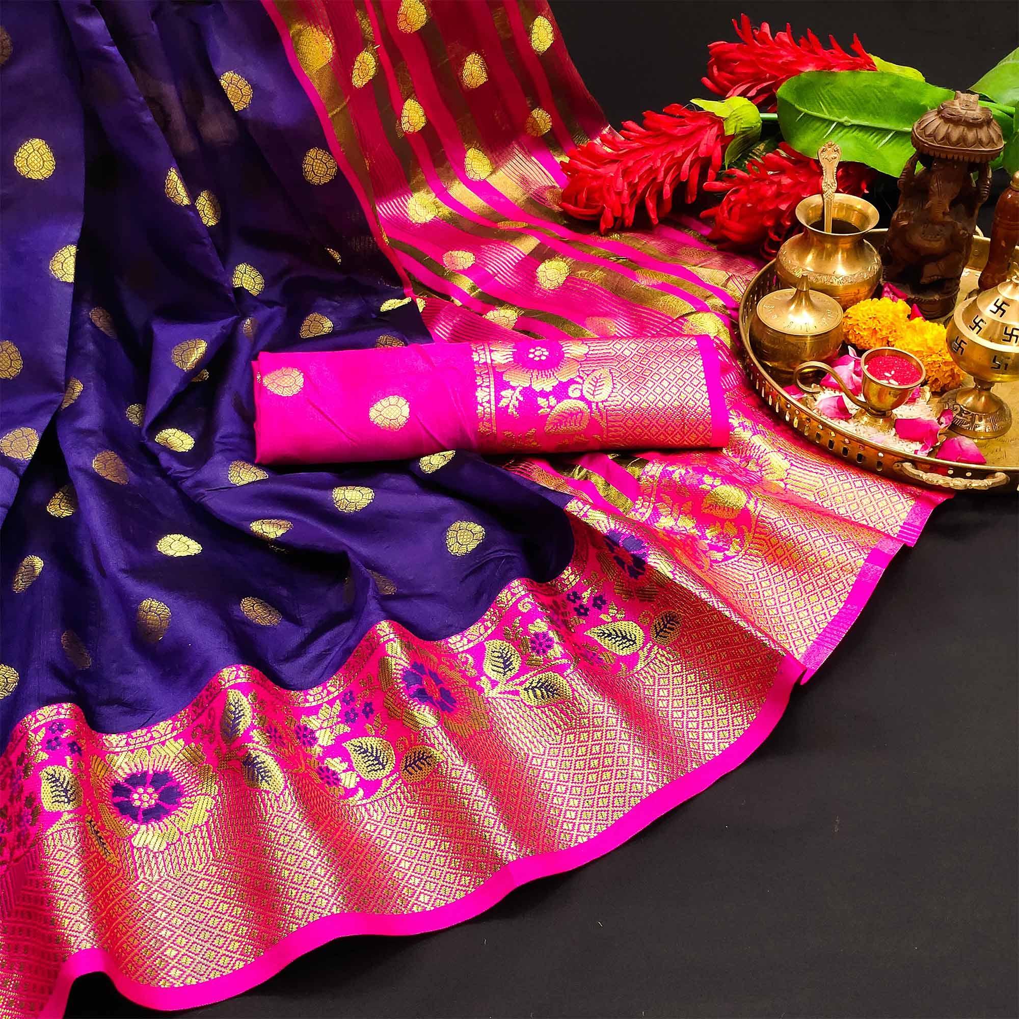 Trendy Navy Blue Colored Festive Wear Woven Kanjivaram Silk Saree - Peachmode
