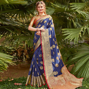 Trendy Navy Blue Colored Festive Wear Woven Silk Saree - Peachmode