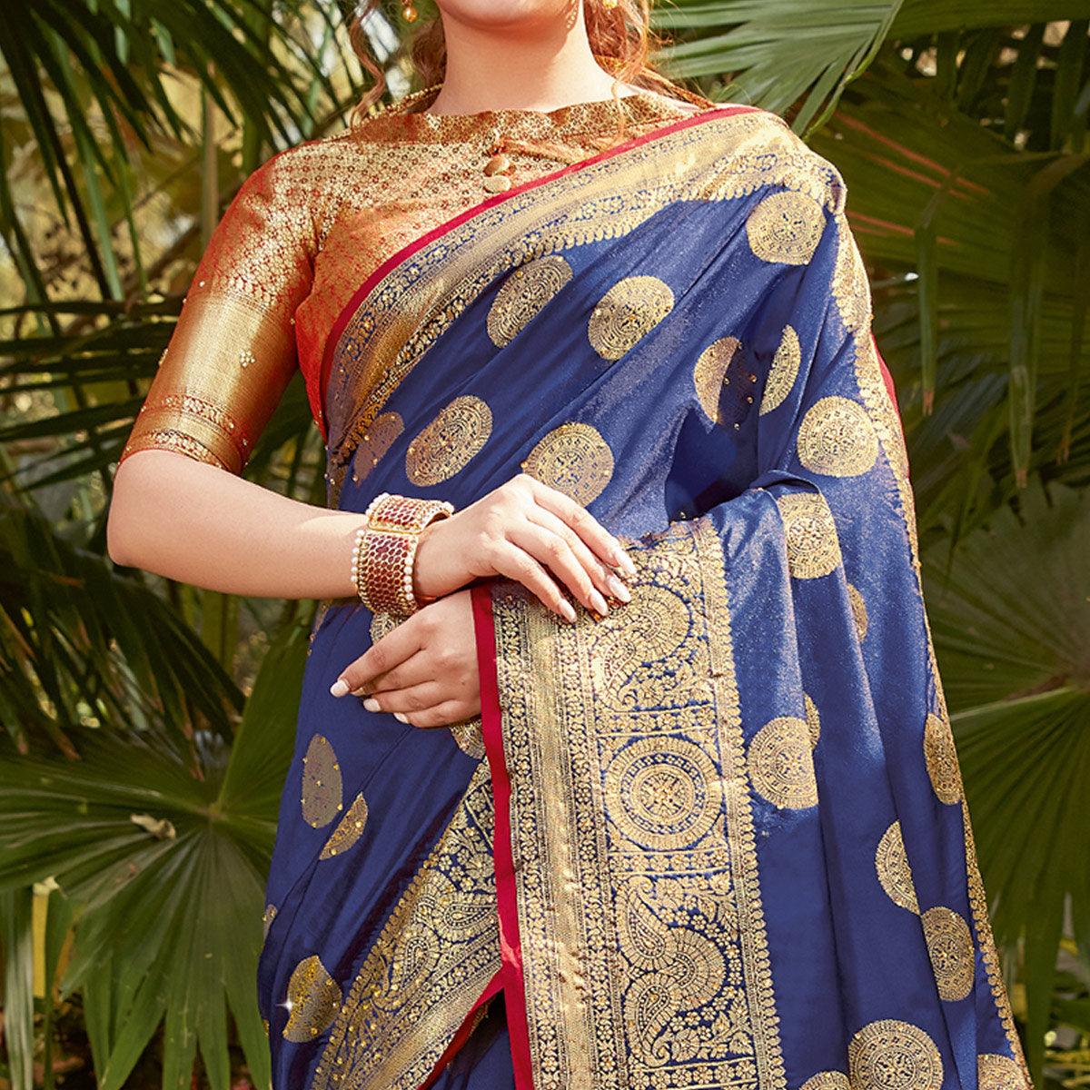 Trendy Navy Blue Colored Festive Wear Woven Silk Saree - Peachmode