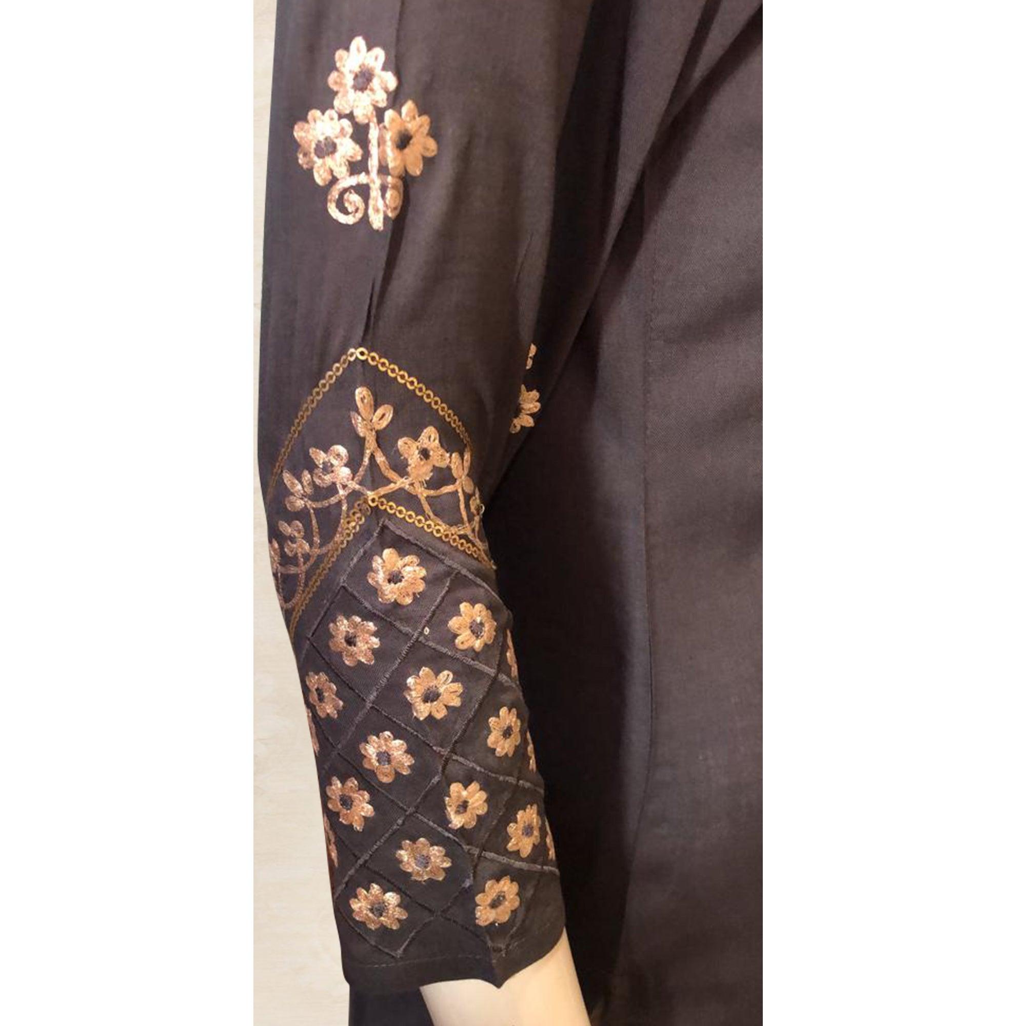 Trendy Navy Blue Colored Partywear Floral Embroidered Cotton Kurti-Palazzo Set - Peachmode