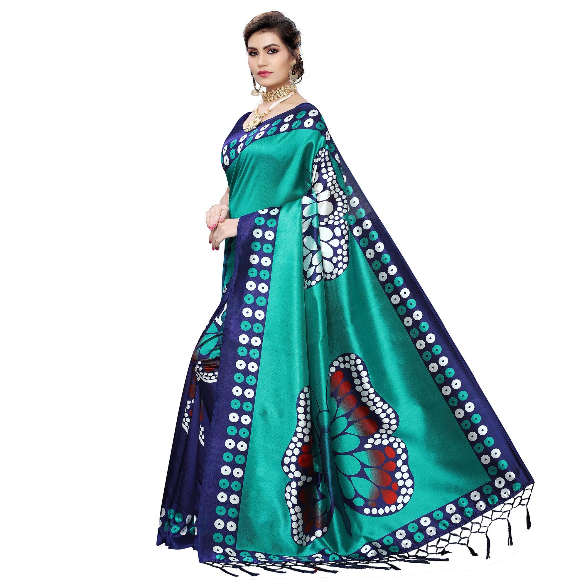 Trendy Navy Blue-Turquoise Colored Festive Wear Butterfly Printed Art Silk Saree With Tassels - Peachmode