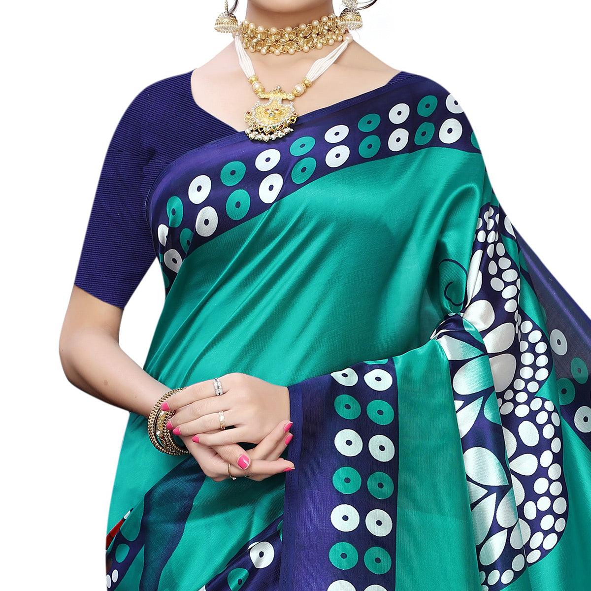 Trendy Navy Blue-Turquoise Colored Festive Wear Butterfly Printed Art Silk Saree With Tassels - Peachmode