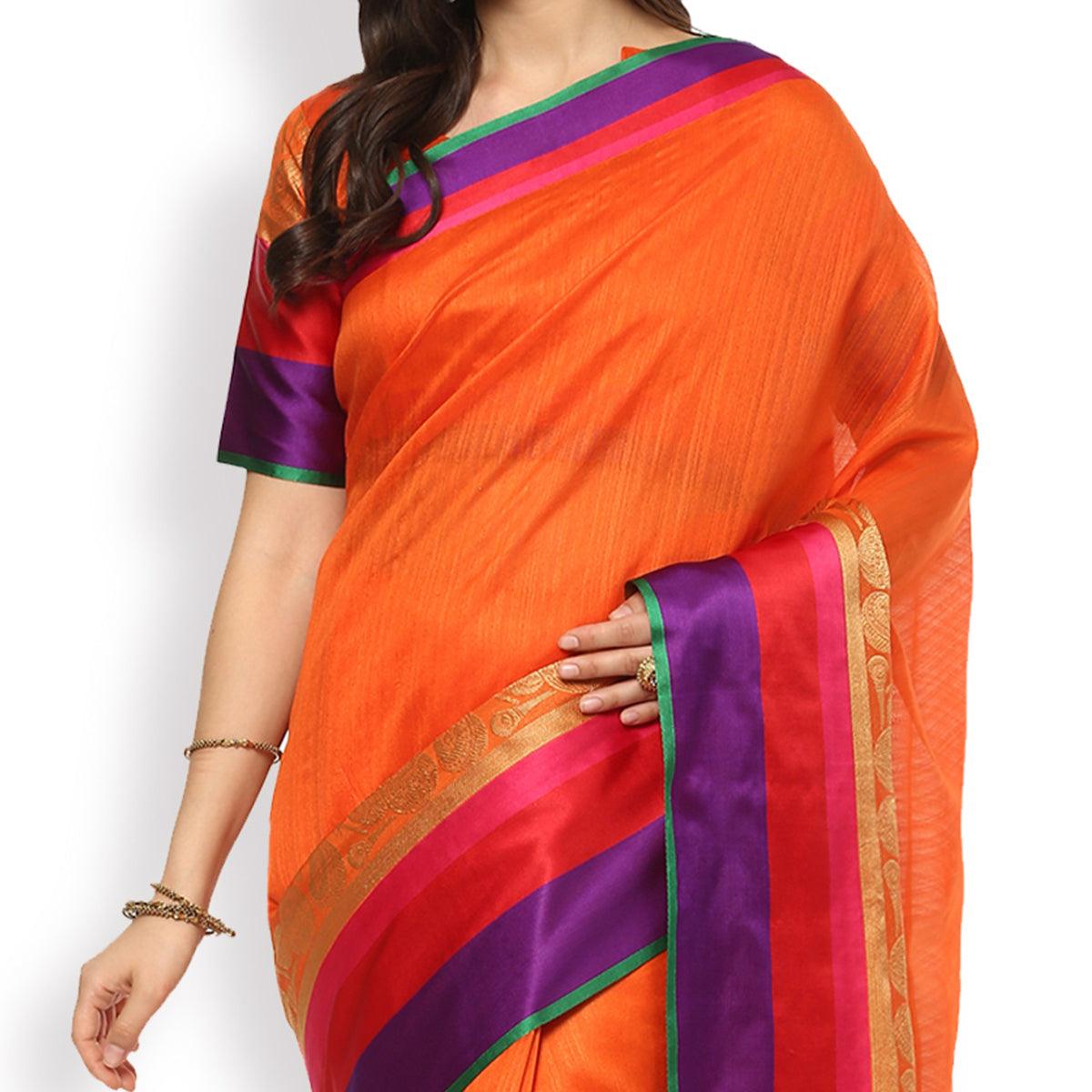 Trendy Orange Colored Festive Wear Cotton Silk Saree - Peachmode