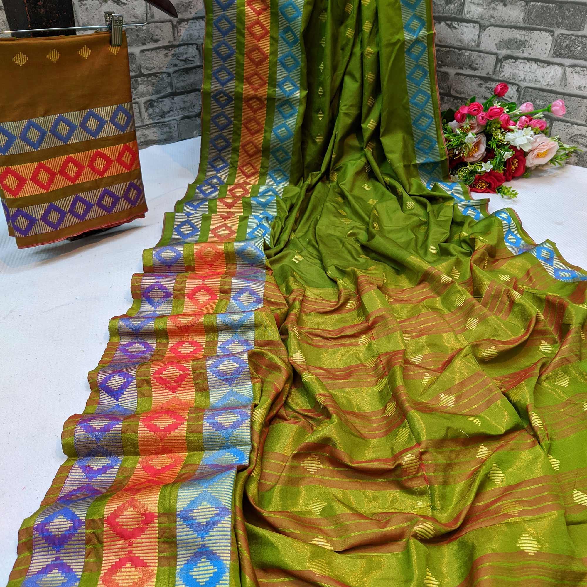 Trendy Parrot Green Colored Festive Wear Woven Cotton Silk Saree - Peachmode