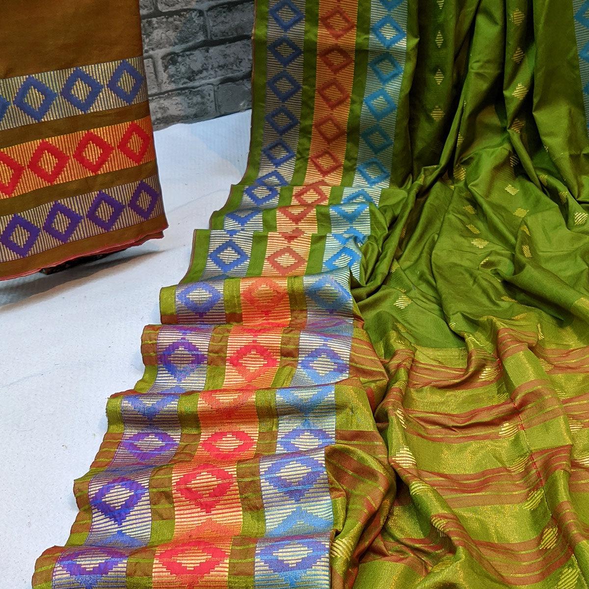 Trendy Parrot Green Colored Festive Wear Woven Cotton Silk Saree - Peachmode