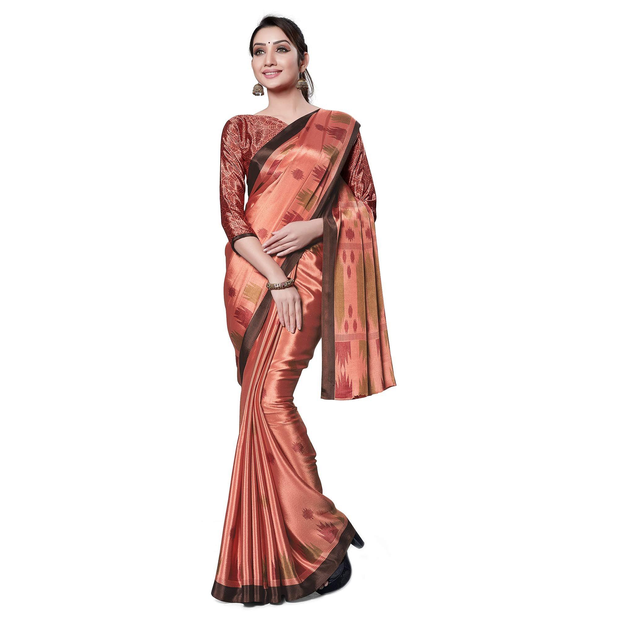 Trendy Peach Colored Casual Wear Printed Crepe Saree - Peachmode