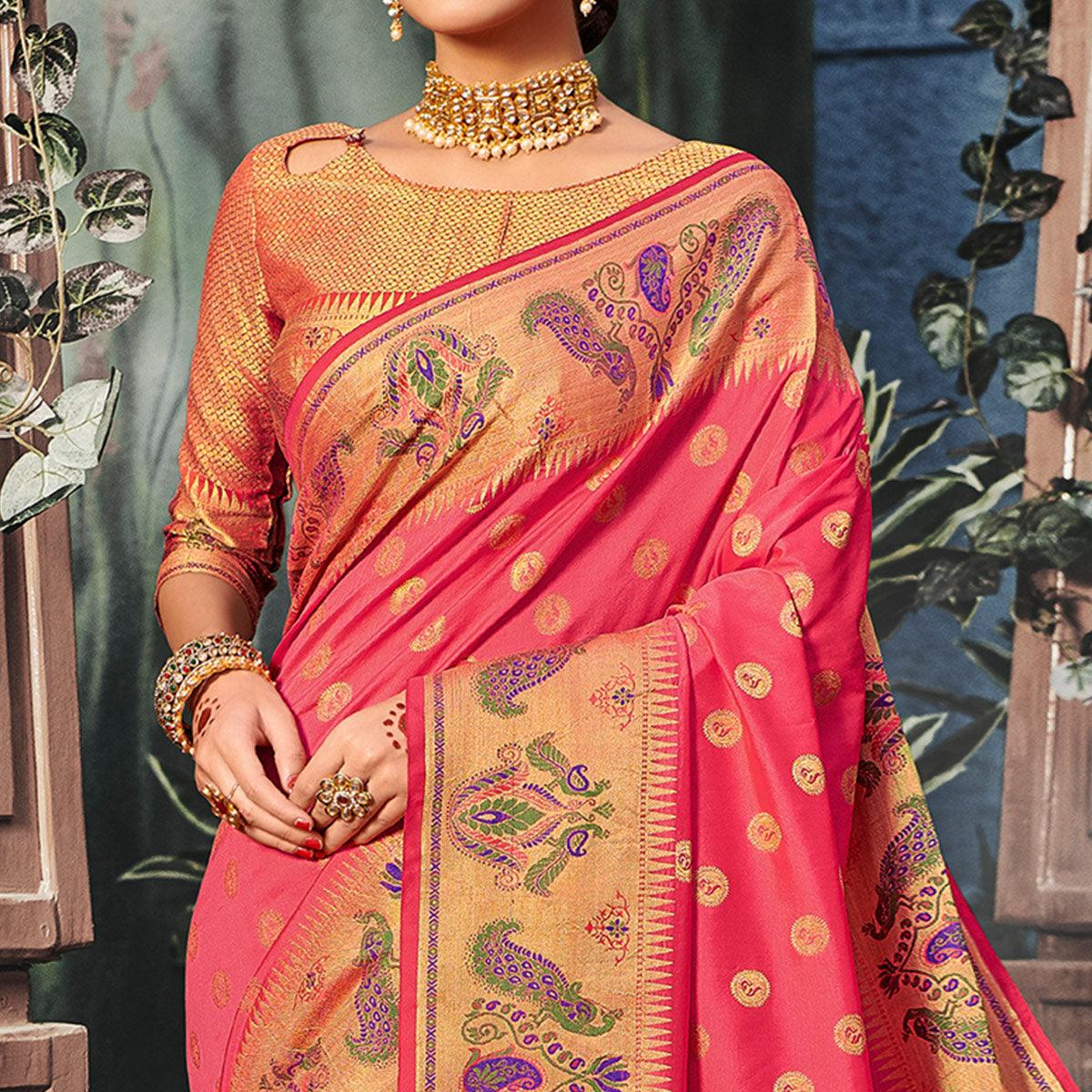 Trendy Peach Colored Festive Wear Woven Banarasi Silk Saree With Tassels - Peachmode