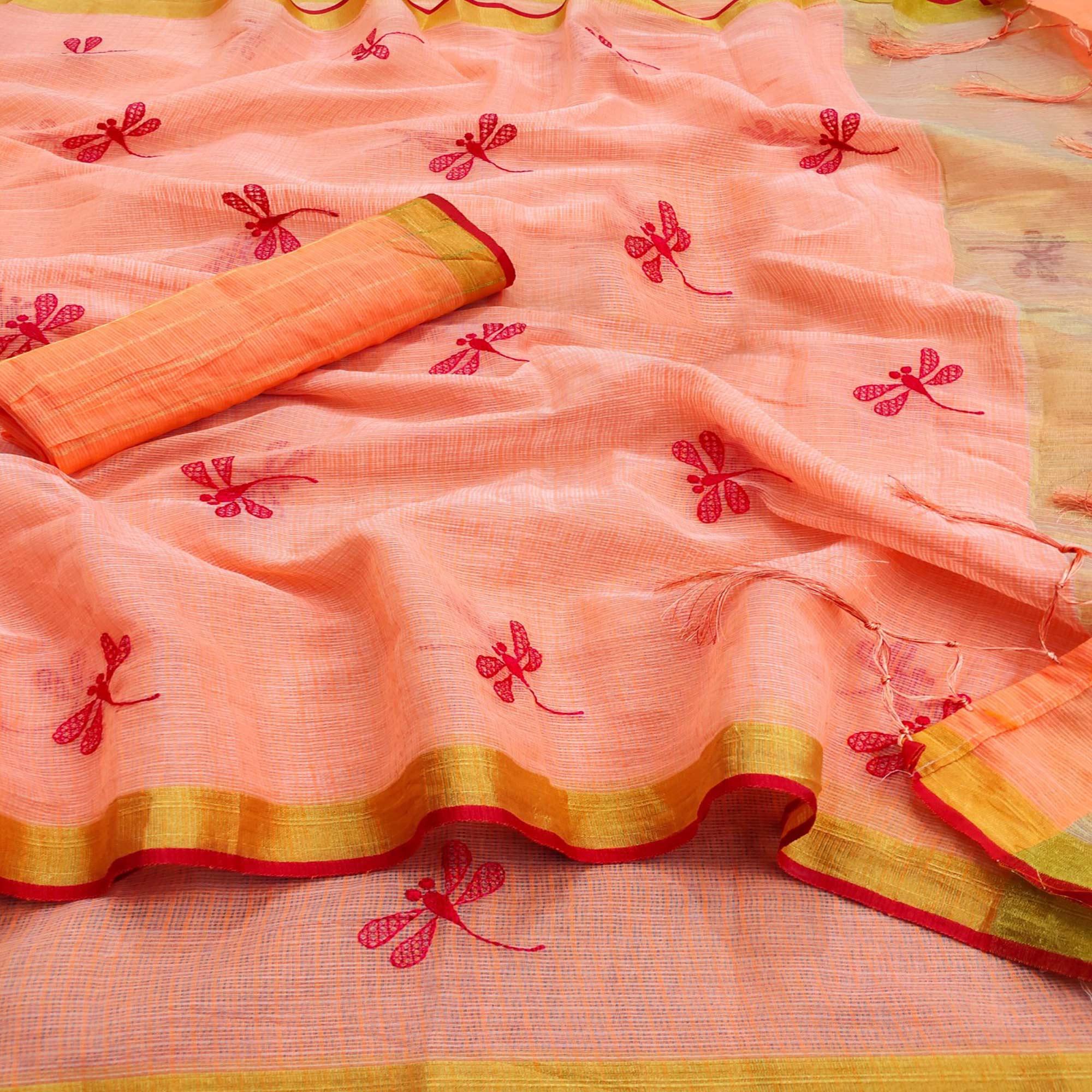 Trendy Peach Colored Festive Wear Woven Silk Saree - Peachmode