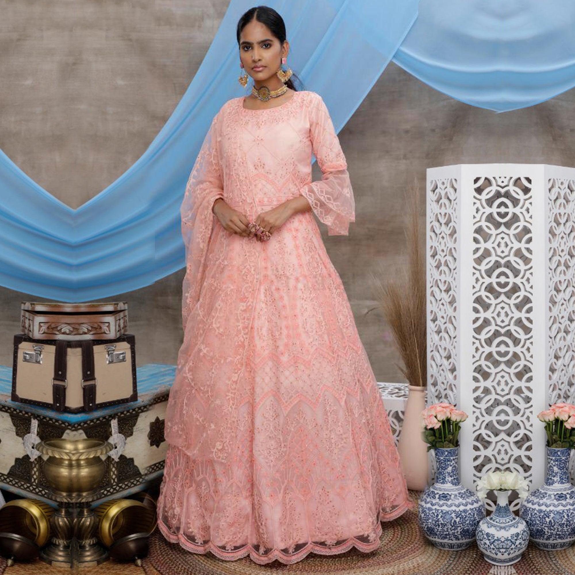Trendy Peach Colored Party Wear Embroidered Net Gown - Peachmode