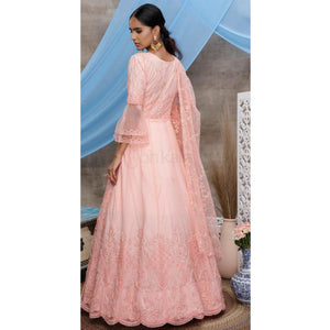 Trendy Peach Colored Party Wear Embroidered Net Gown - Peachmode